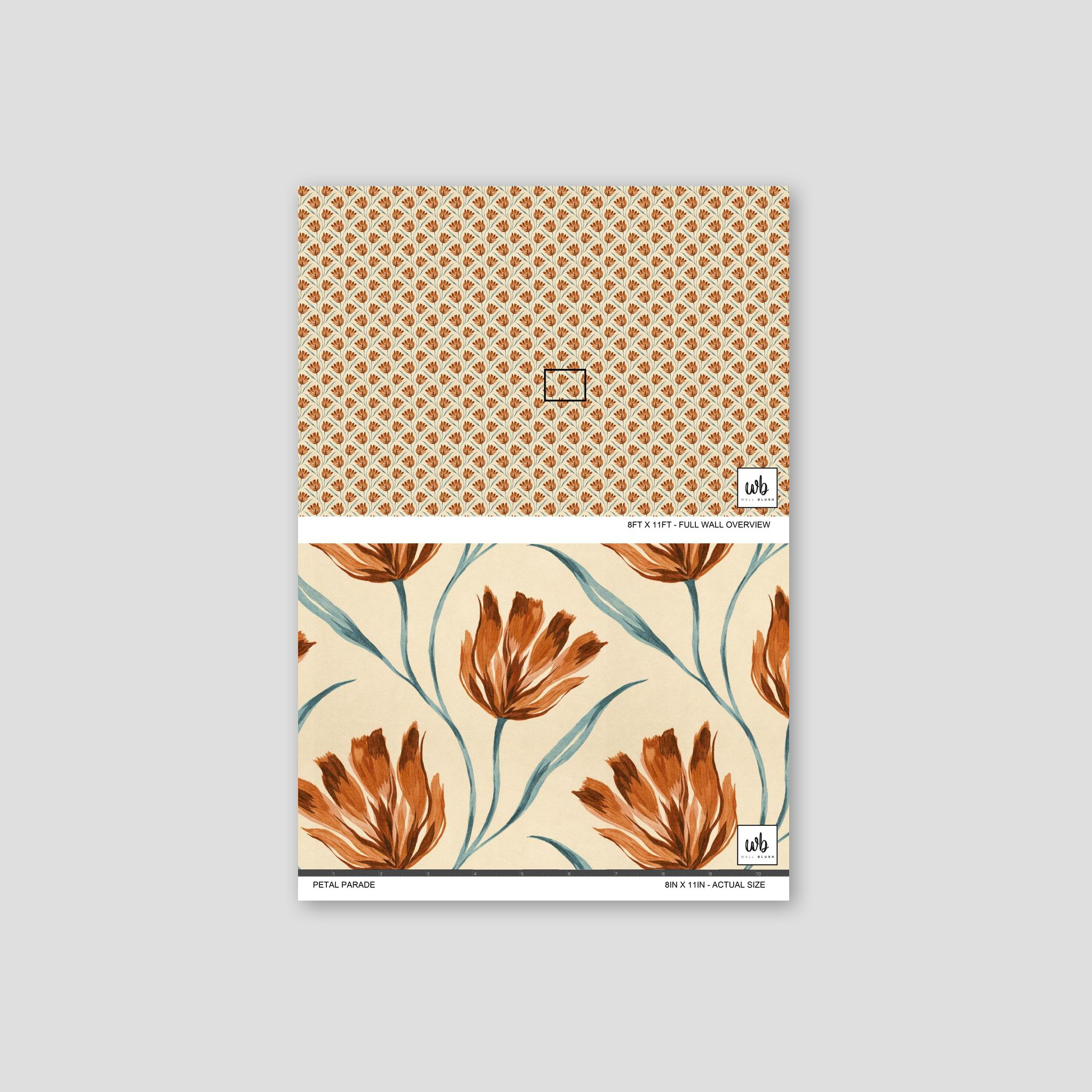 Petal Parade wallpaper with terracotta blooms on cream background, botanical design.