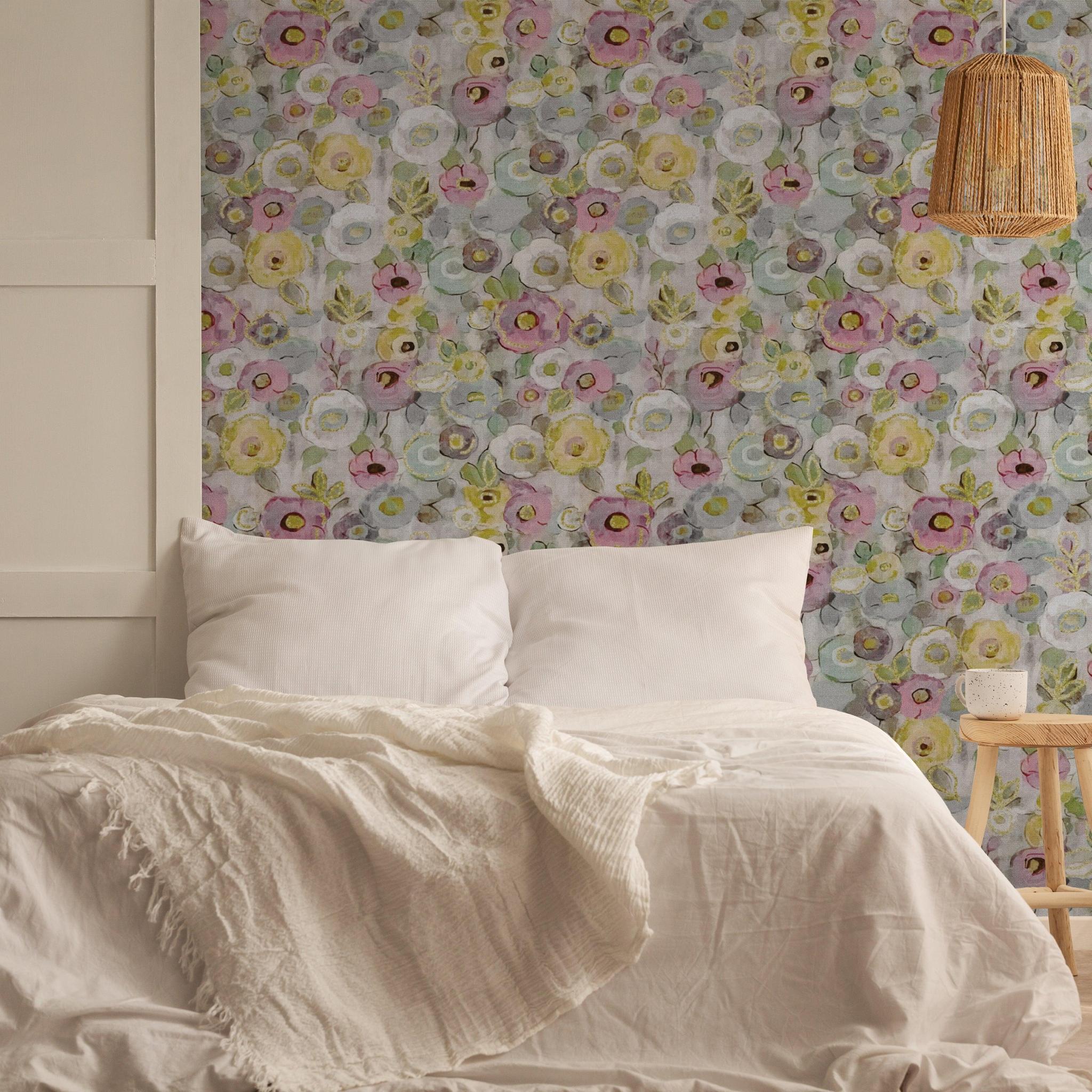 Phoebe Wallpaper by Wall Blush SG02 in a cozy bedroom, highlighting the floral design and room ambiance.