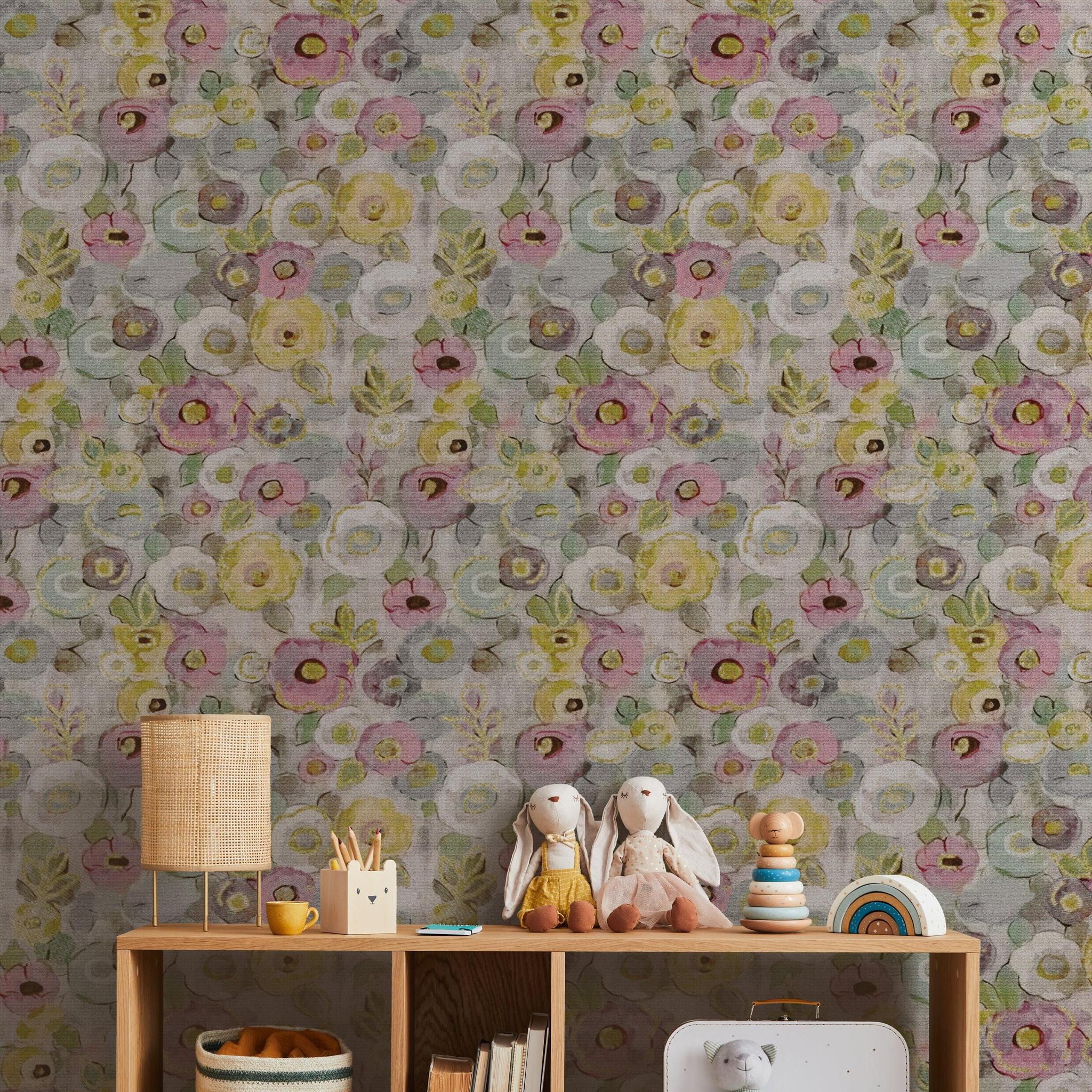 Phoebe Wallpaper by Wall Blush SG02 in a playful children's room, highlighting floral patterns and decor.