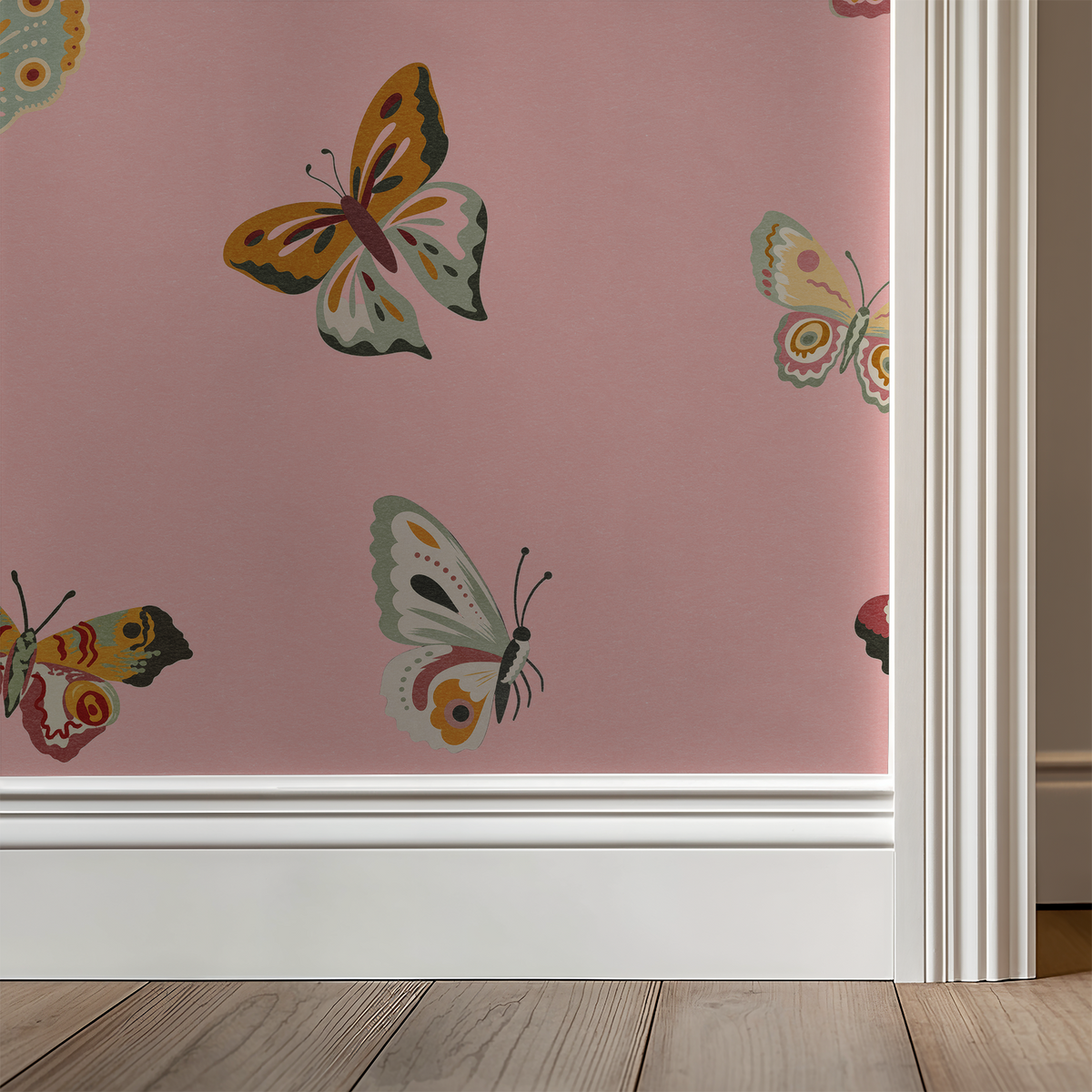 Pink wallpaper with colorful butterfly pattern in a room with white trim.