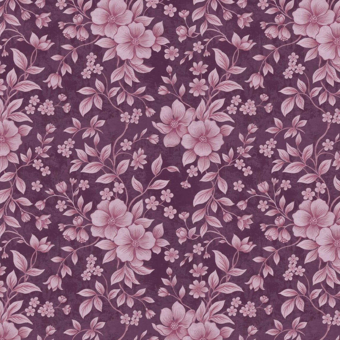 Pink floral pattern on deep purple wallpaper with delicate blossoms and leaves.