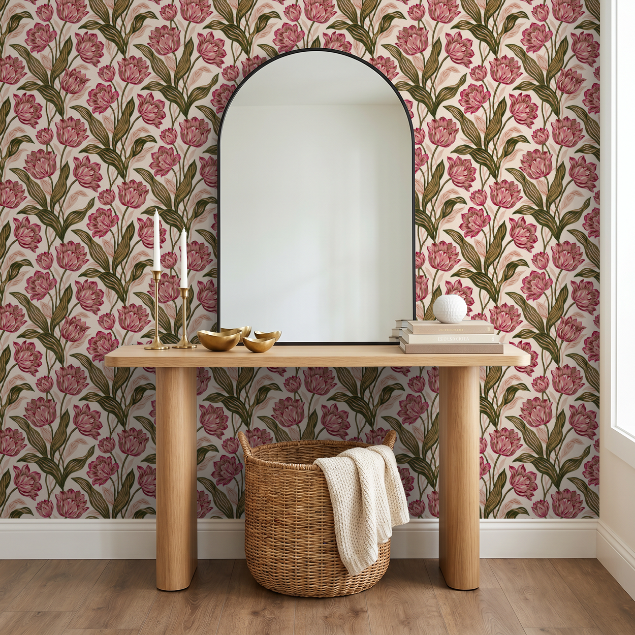 Floral wallpaper with pink blooms and green leaves in elegant room setting.