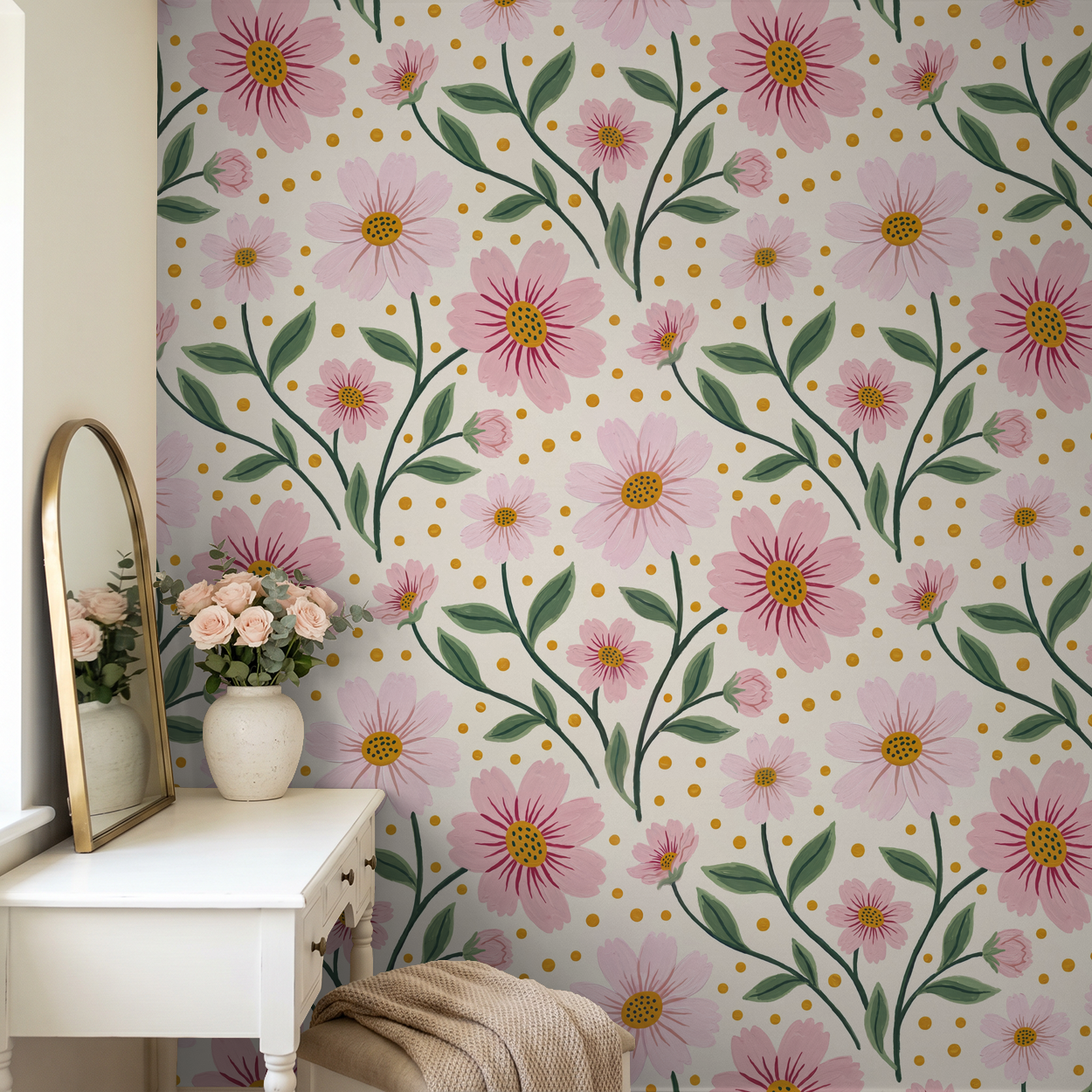 Pink floral wallpaper with green leaves and gold centers in a cozy room setting.