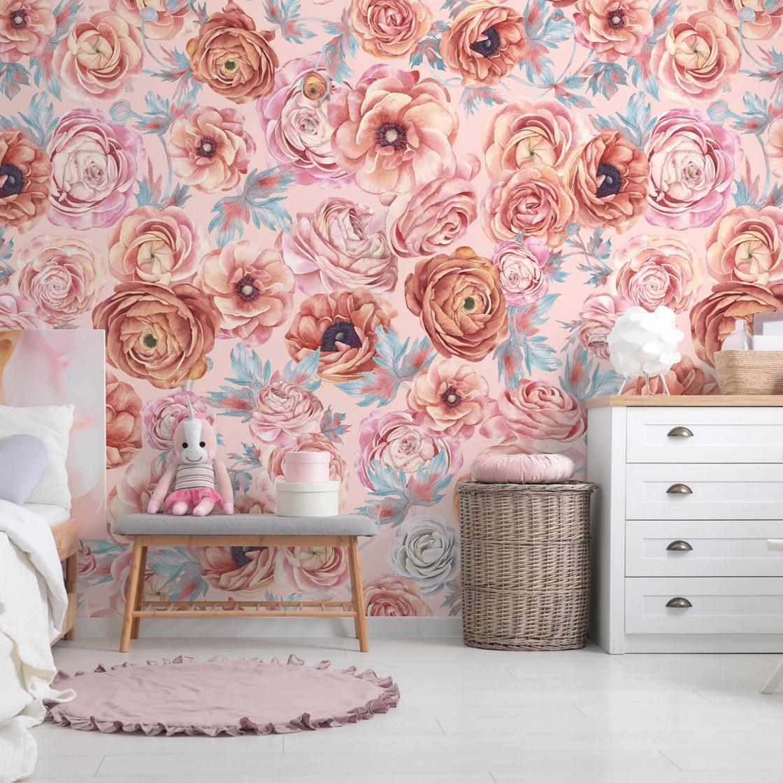 Blush Garden Wallpaper from The Nida Jahain Line in a cozy nursery room, with floral patterns as the centerpiece.