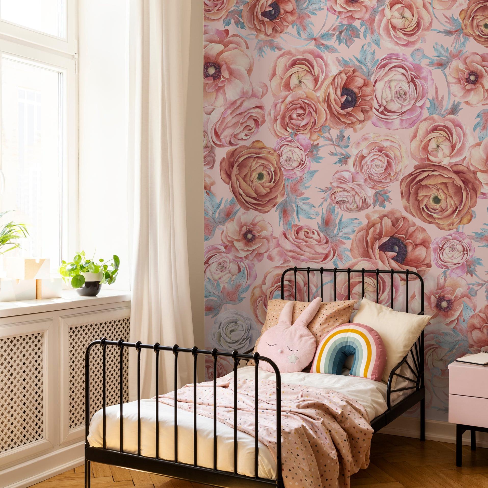 Blush Garden Wallpaper by The Nida Jahain Line featured in cozy bedroom with floral design focus.