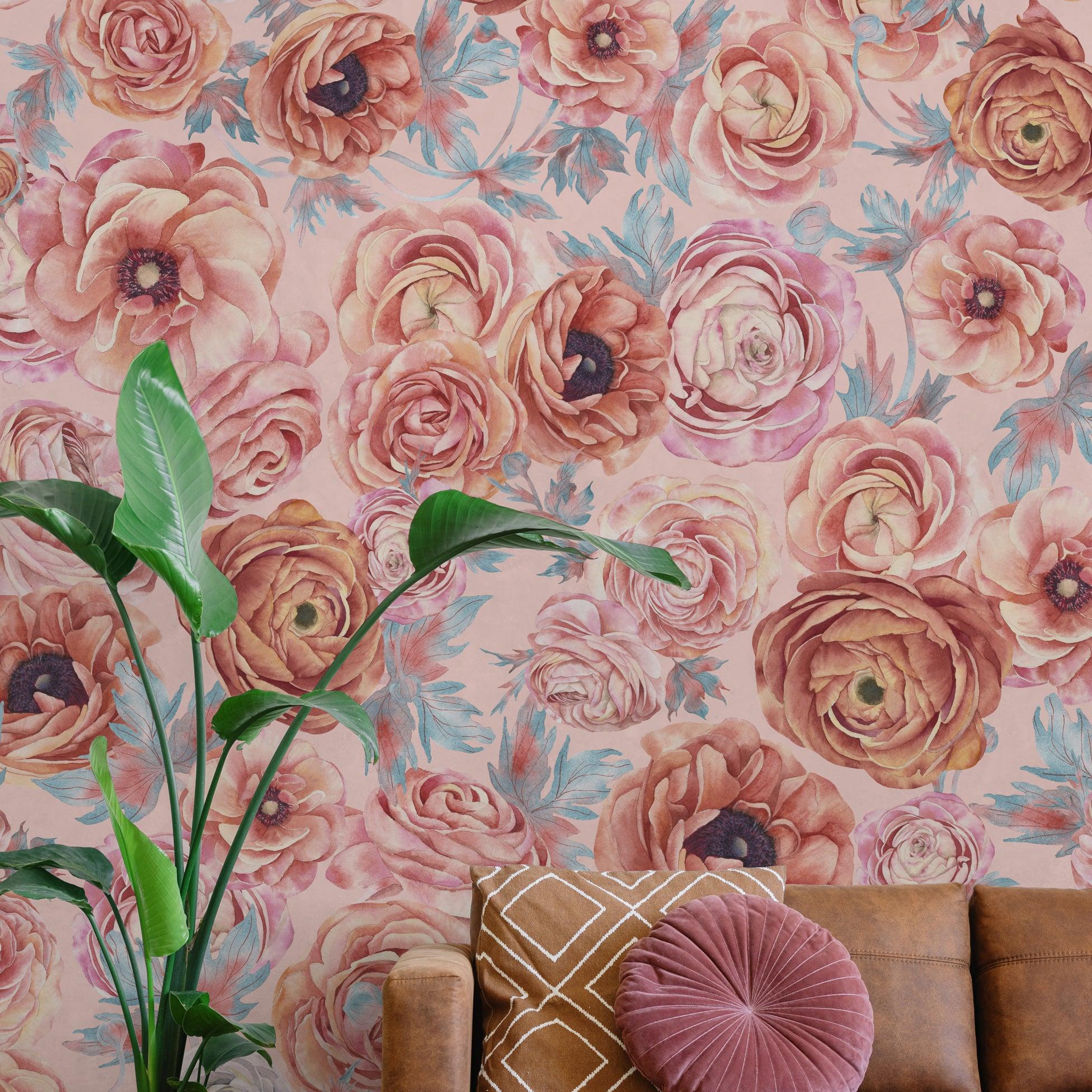 Blush Garden Wallpaper by The Nida Jahain Line in a cozy living room, highlighting floral patterns.