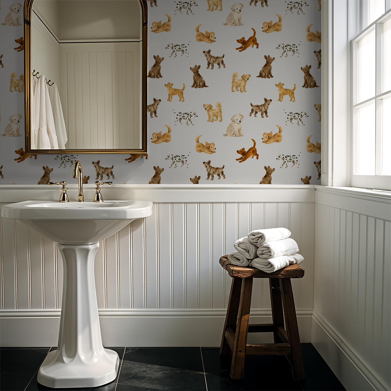 Playful dog breed wallpaper in bathroom with pedestal sink and mirror.