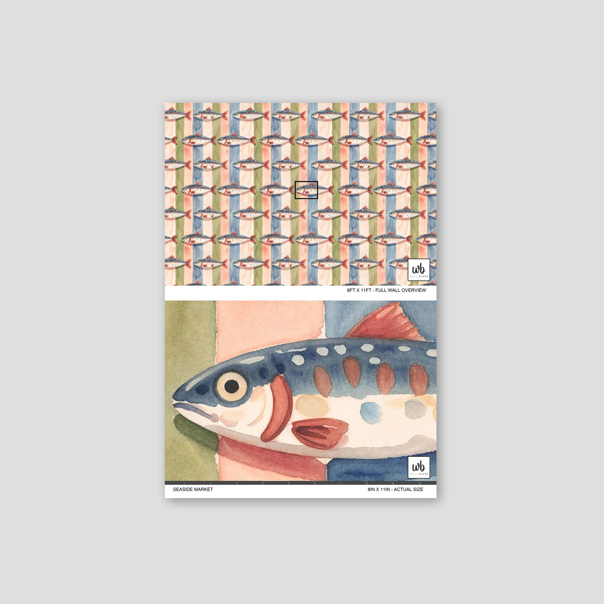 Playful fish and watercolor stripes wallpaper in vibrant blues, greens, and coral tones.