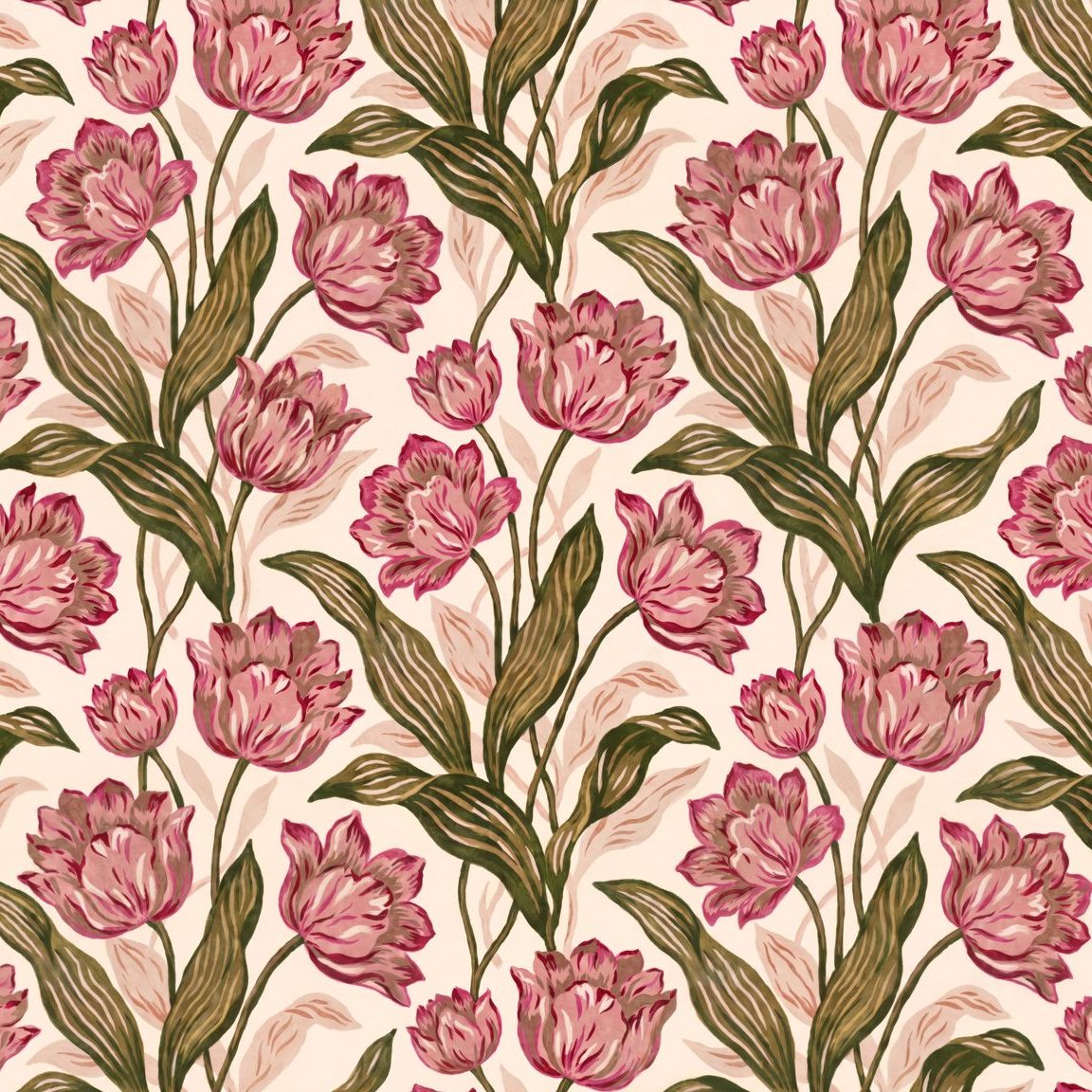 Provence wallpaper with pink flowers and green leaves on a light background