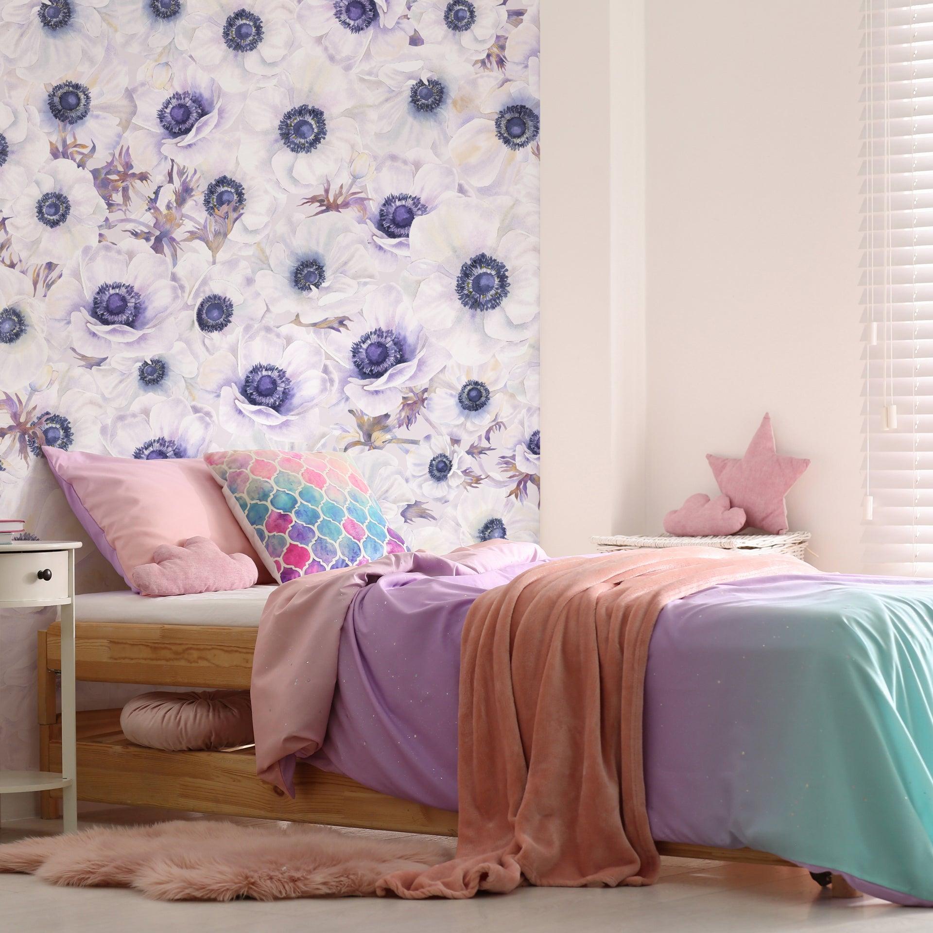 Fleur Blanche Wallpaper by The Nida Jahain Line featured in a stylish bedroom setting, highlighting the floral elegance.
