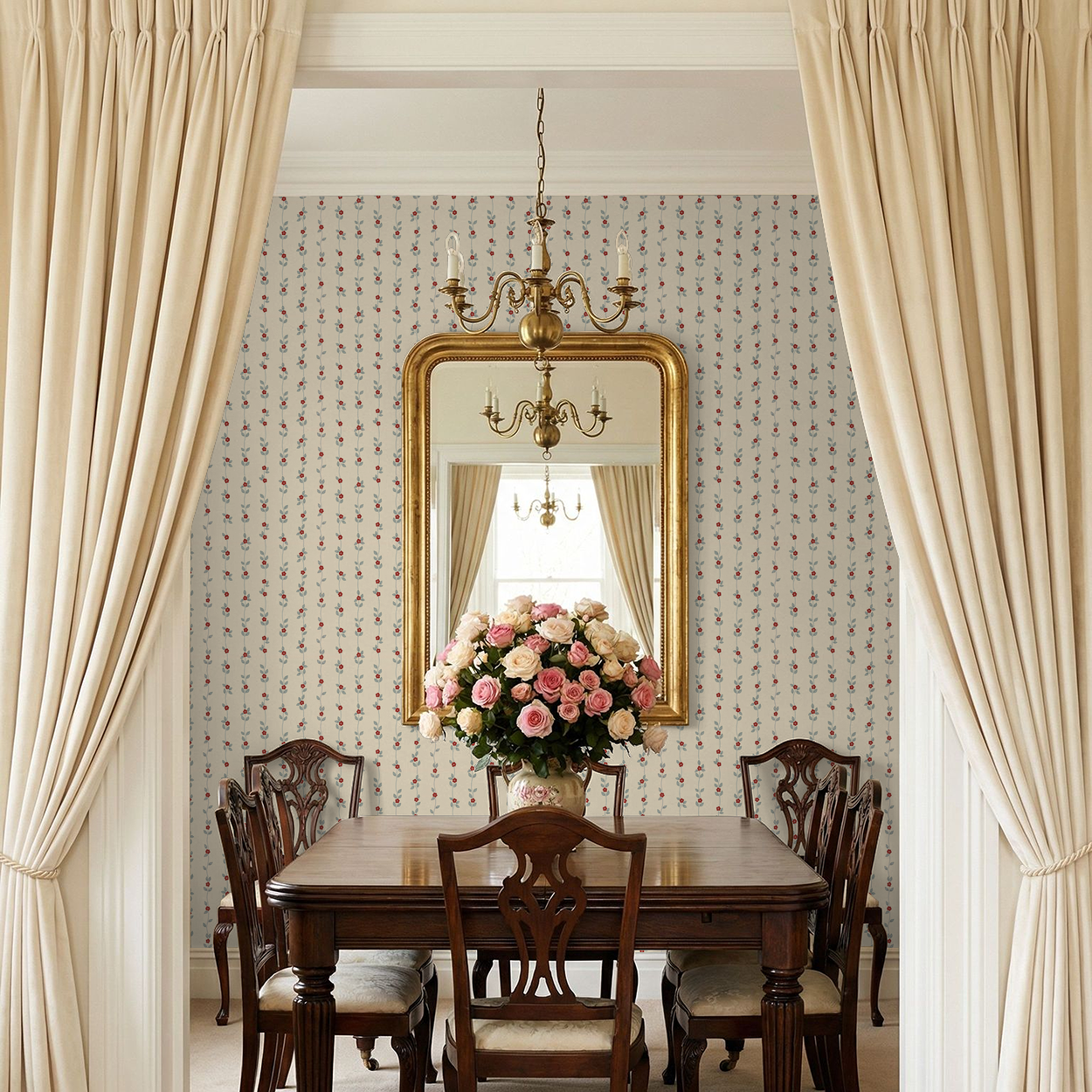 Dining room with red floral vine wallpaper, wooden table, and gold mirror.