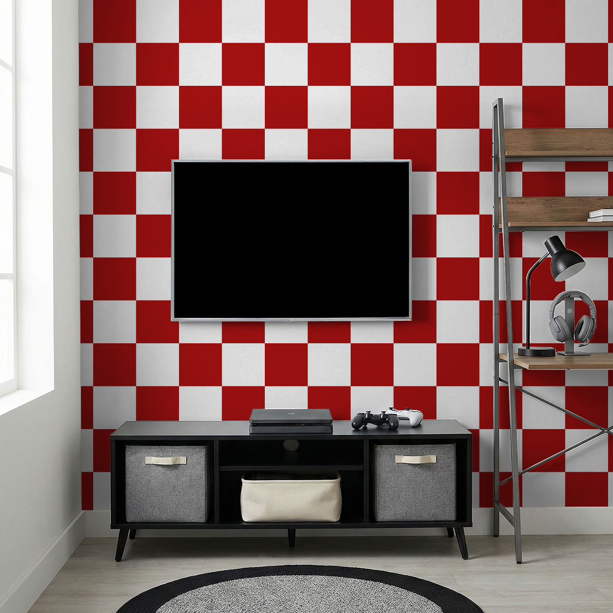 Red and white checkerboard wallpaper in modern living room with TV and shelves.