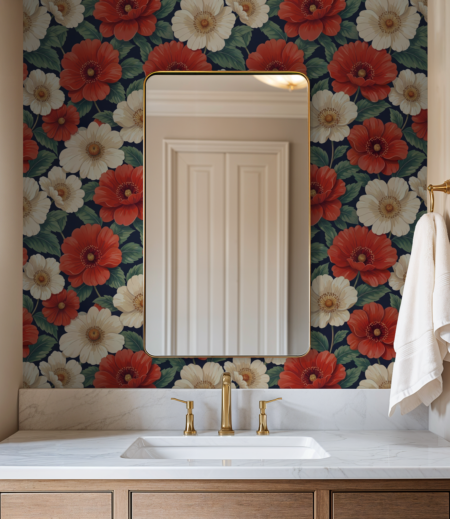 Bathroom with red and white floral wallpaper, gold mirror, and marble sink.