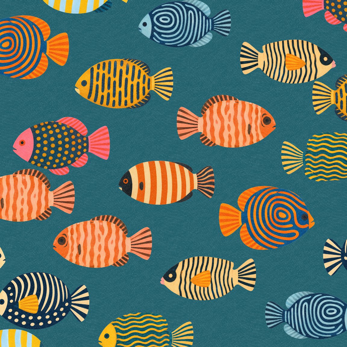 Colorful fish pattern on teal wallpaper, playful and vibrant design.