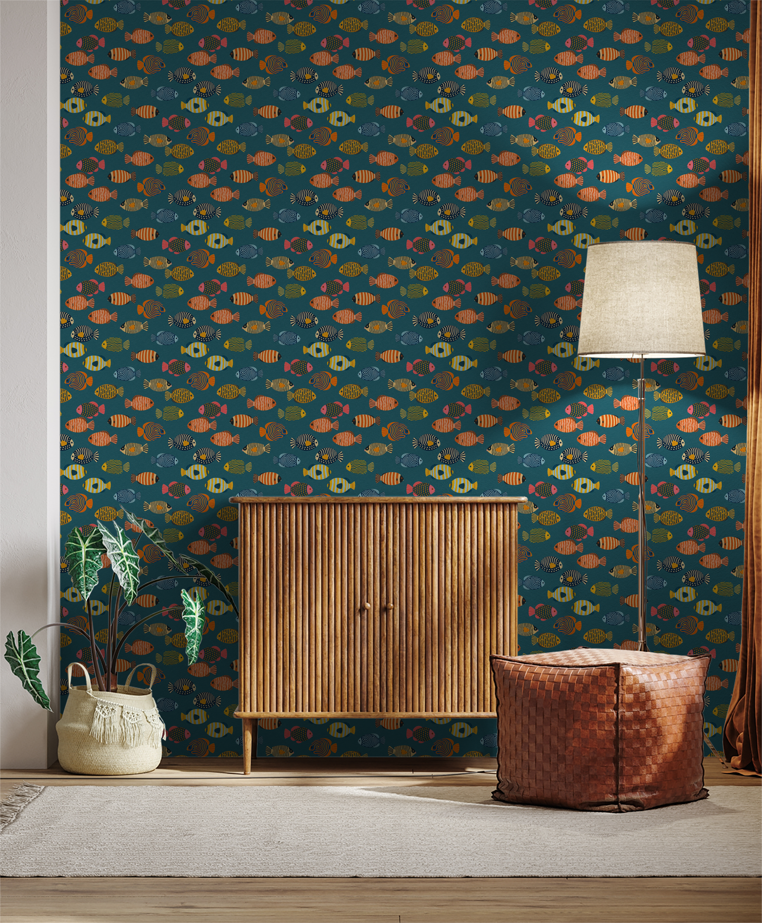 Colorful fish pattern on teal wallpaper in a cozy room with wooden furniture.