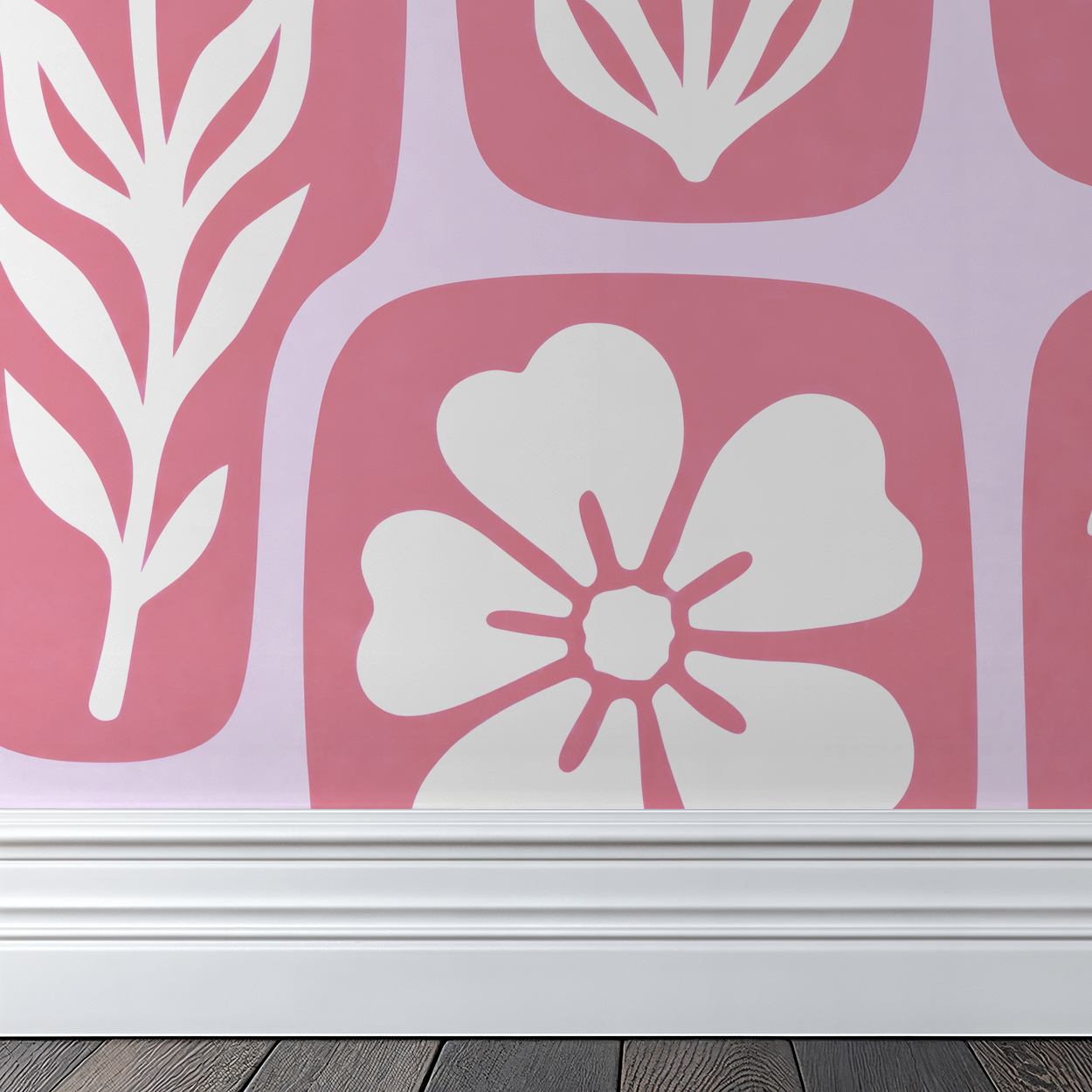 Retro floral pink and white wallpaper with daisy motifs and organic shapes.