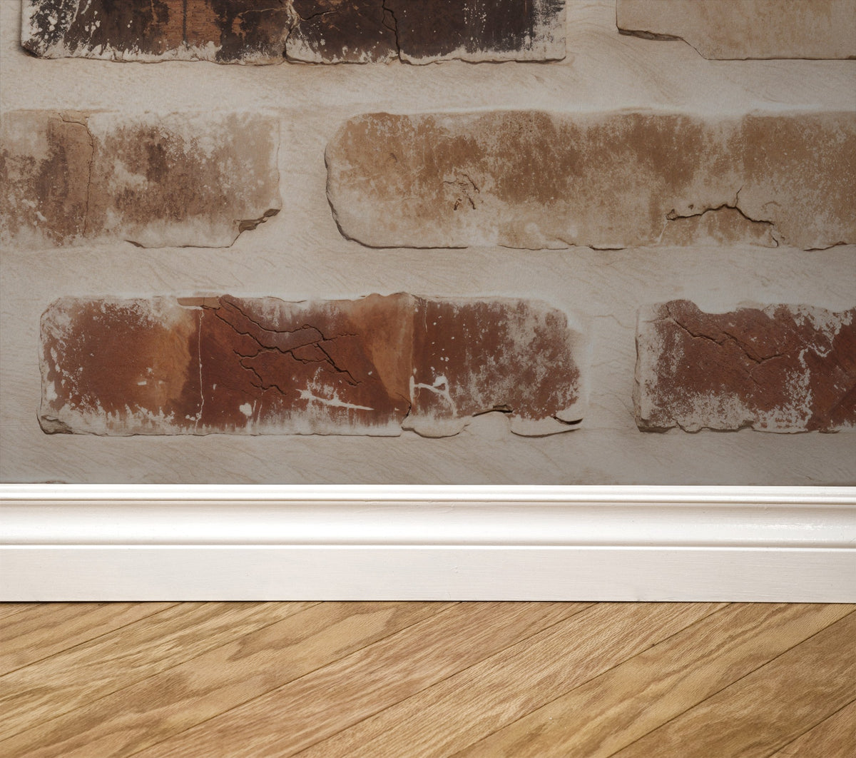 Rustic brick pattern wallpaper with earthy tones above wooden floor and white baseboard.