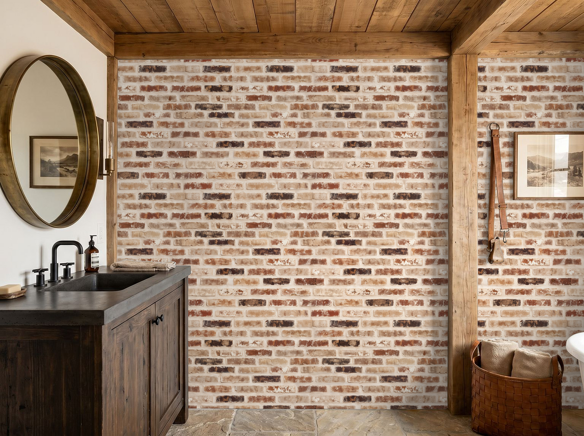 Rustic brick wallpaper in bathroom with wooden sink and round mirror.