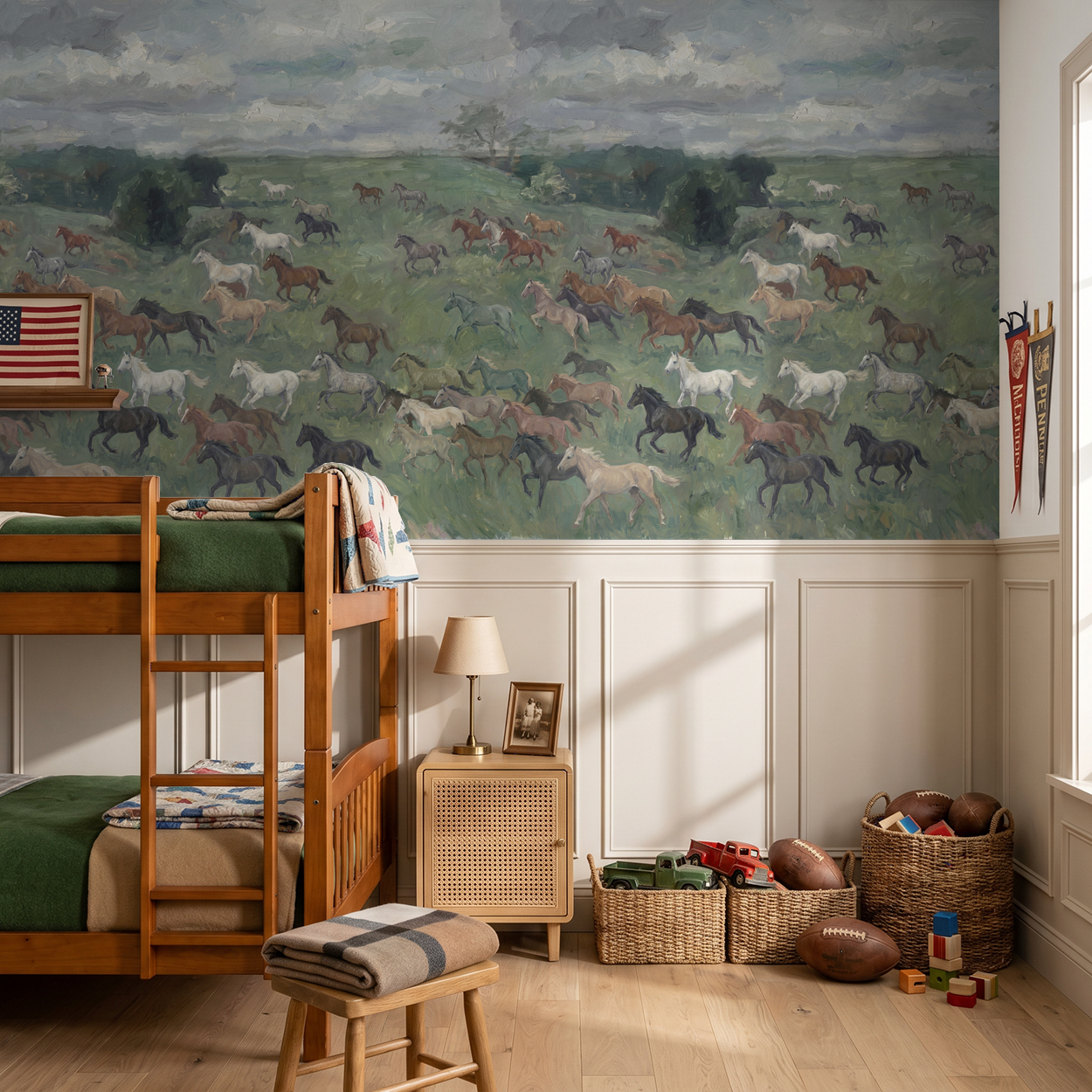 Rustic wallpaper with horses in meadow, bunk bed, cozy bedroom setting.