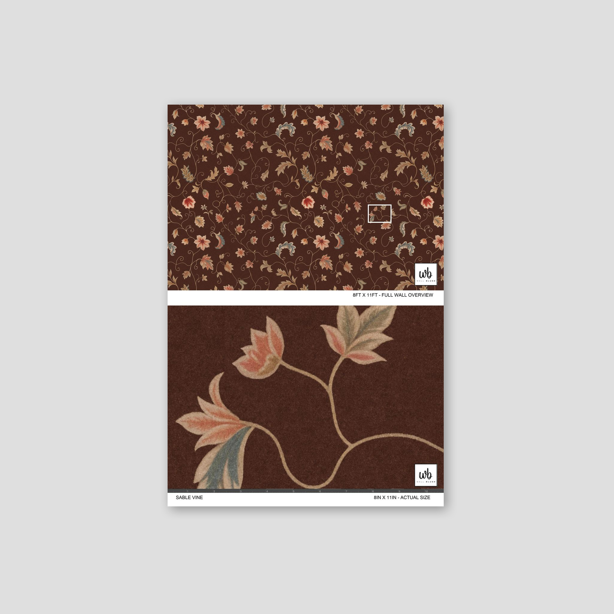 Sable Vine wallpaper with chocolate brown background and floral motifs in reds, creams, and blues.
