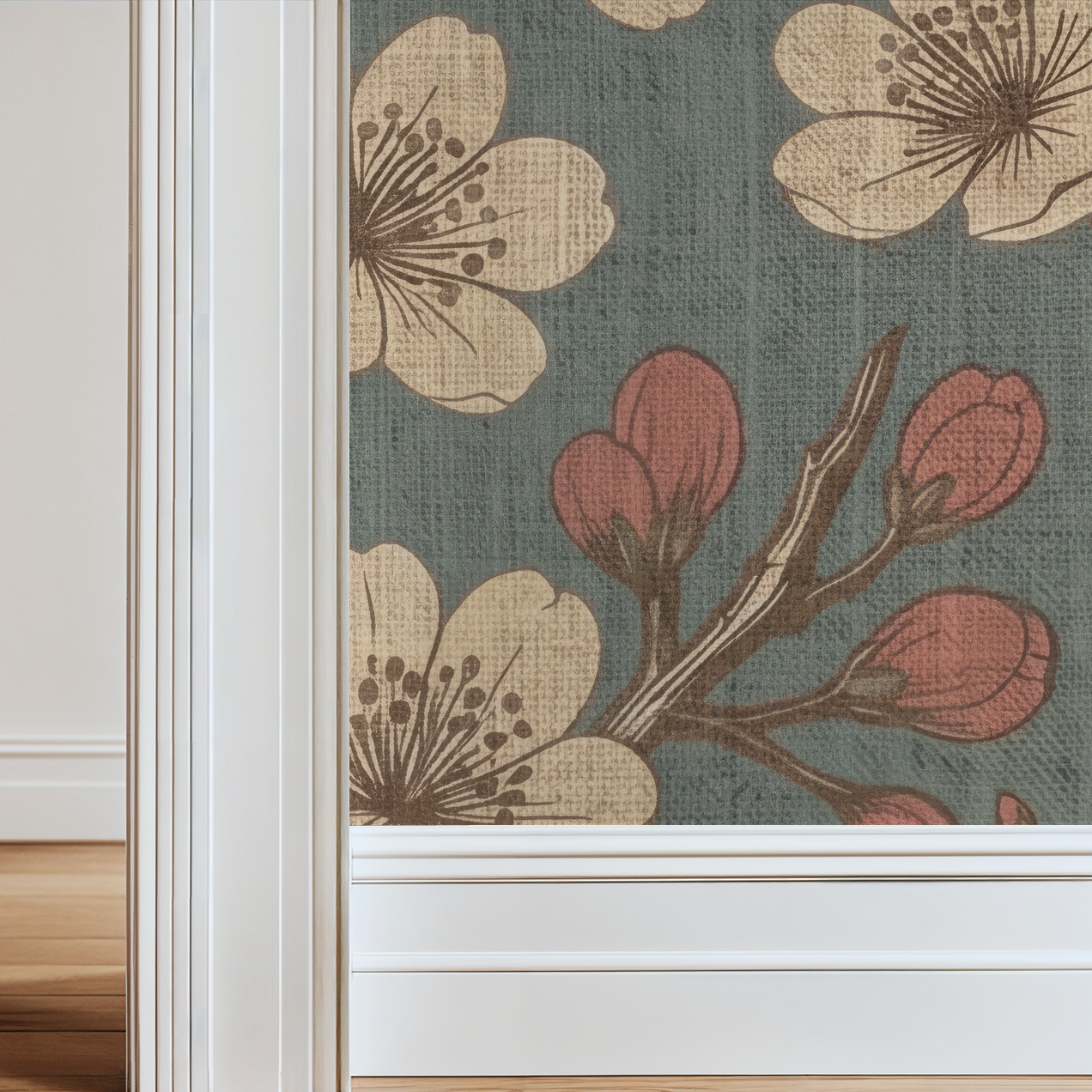 Sakura floral wallpaper with delicate branches in a serene room setting