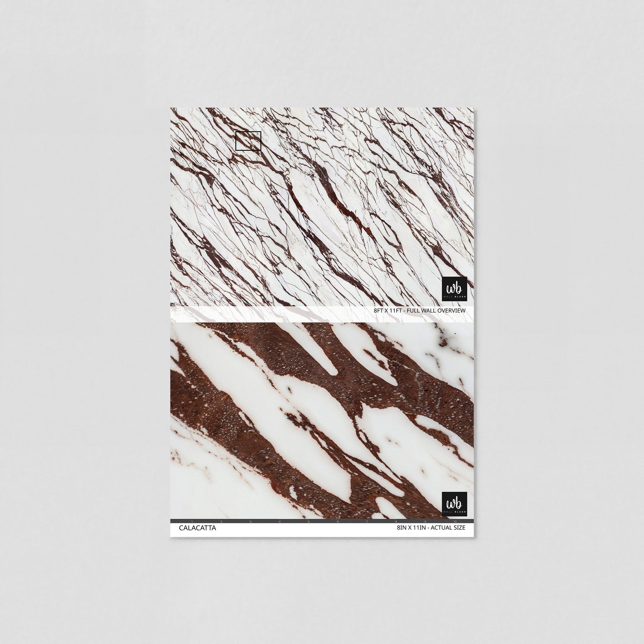 "Wall Blush's Calacatta Wallpaper sample, showcasing design detail for elegant living room décor."