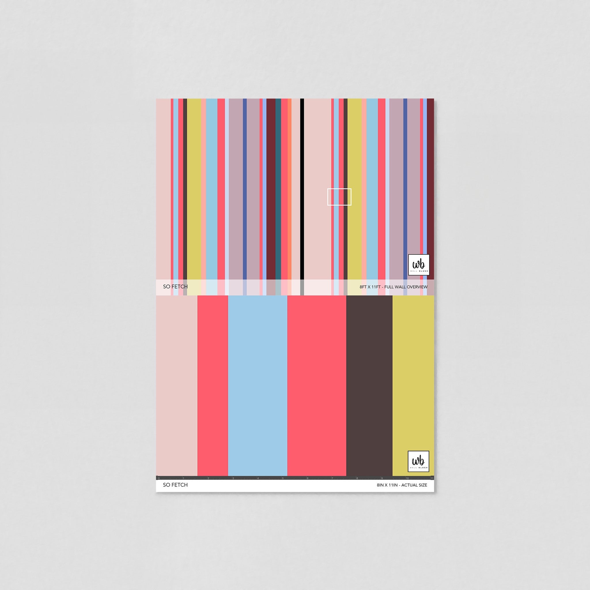 "Wall Blush's 'So Fetch Wallpaper' sample showcasing vibrant stripes for a modern living room decor."