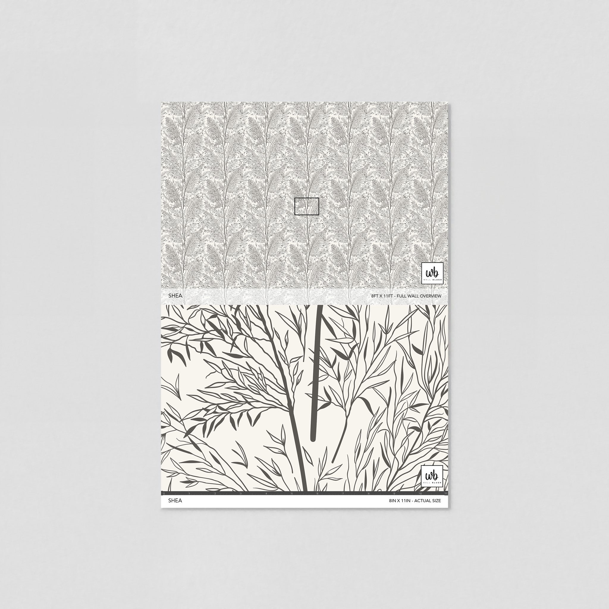 "Wall Blush's Shea Wallpaper sample with tree pattern, ideal for elegant living room décor focus."