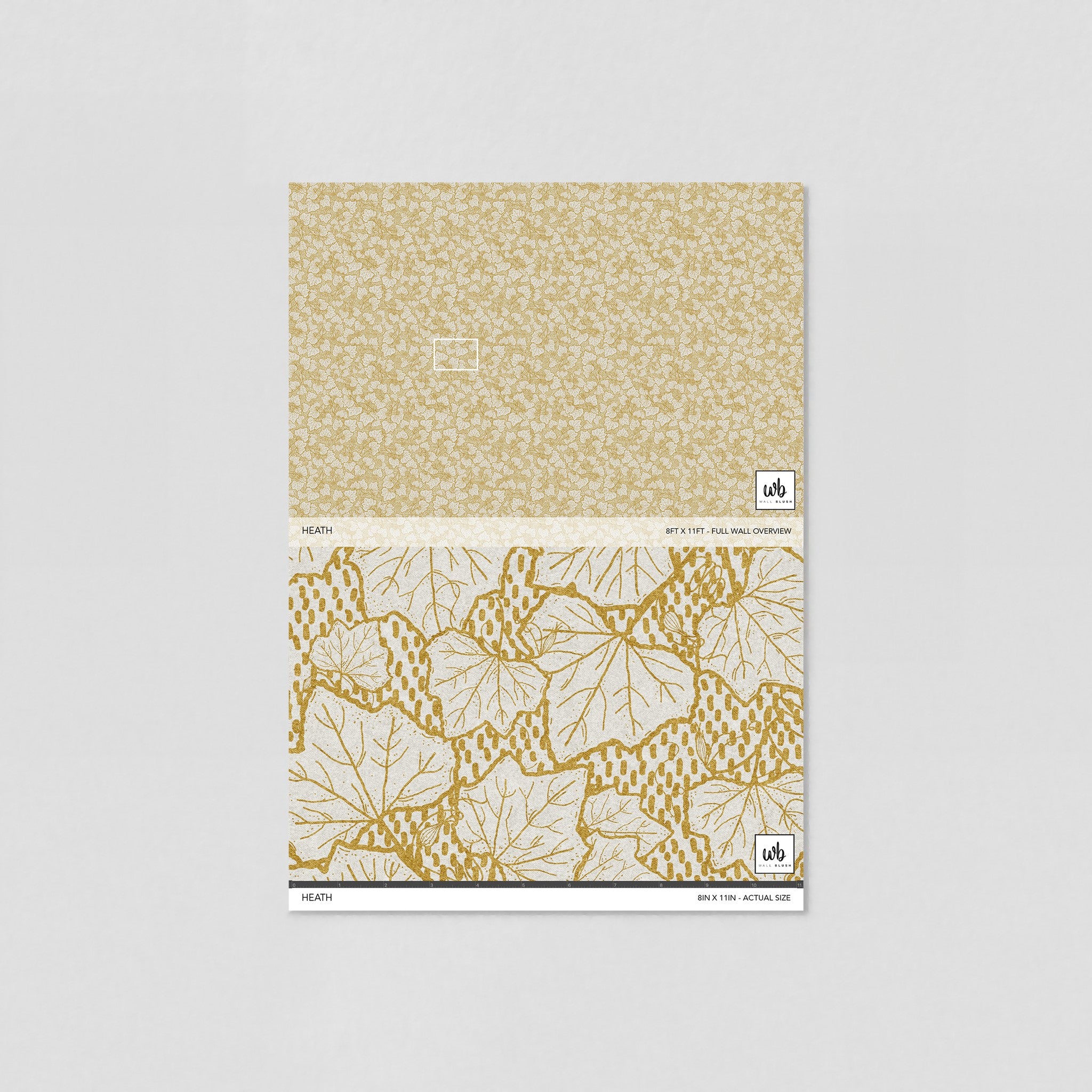 "Heath Wallpaper sample by Wall Blush with elegant golden botanical pattern for stylish room decor."