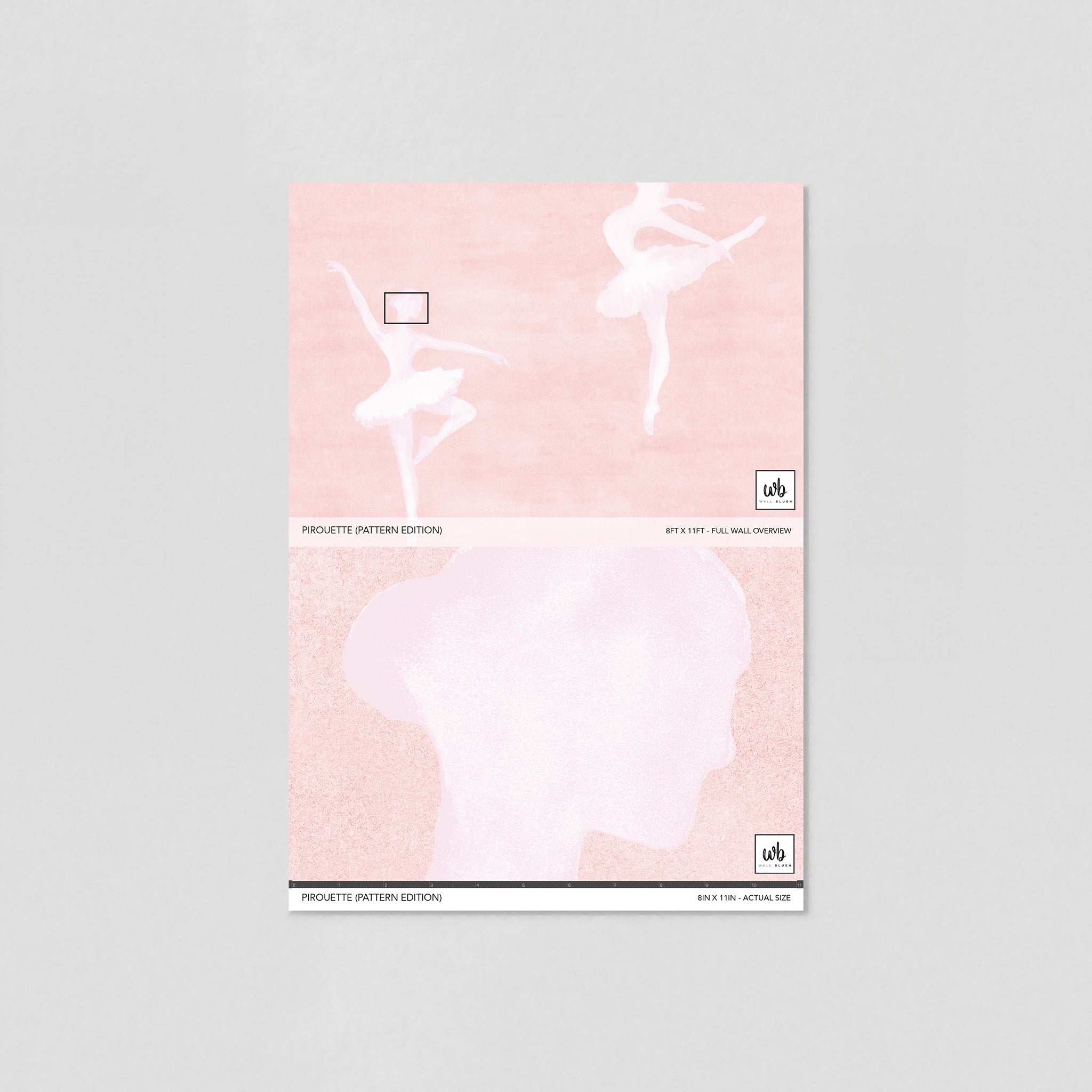 Alt: "Wall Blush Pirouette (Pattern Edition) Wallpaper sample, elegant dancers, ideal for a feminine bedroom decor focus."