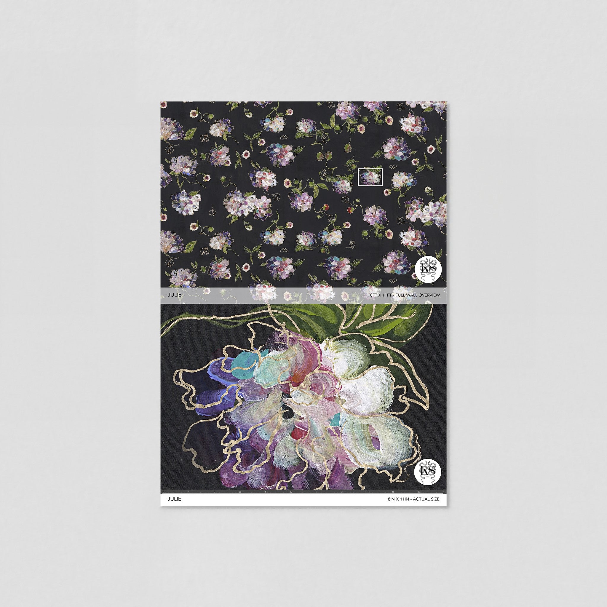 "Wall Blush Julie Wallpaper sample with floral design for modern living room decor focus"