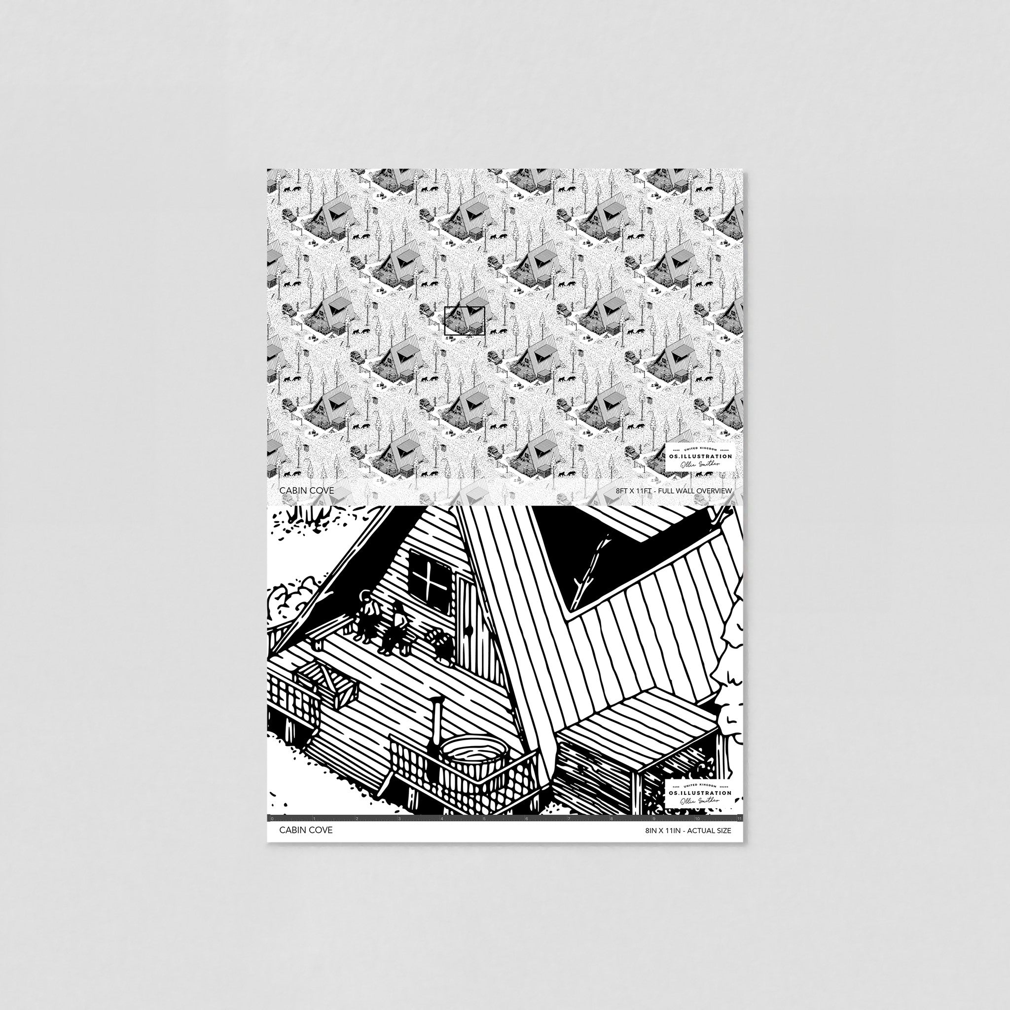 "Cabin Cove Wallpaper by Wall Blush in stylish living room setting, showcasing the bold pattern focus."