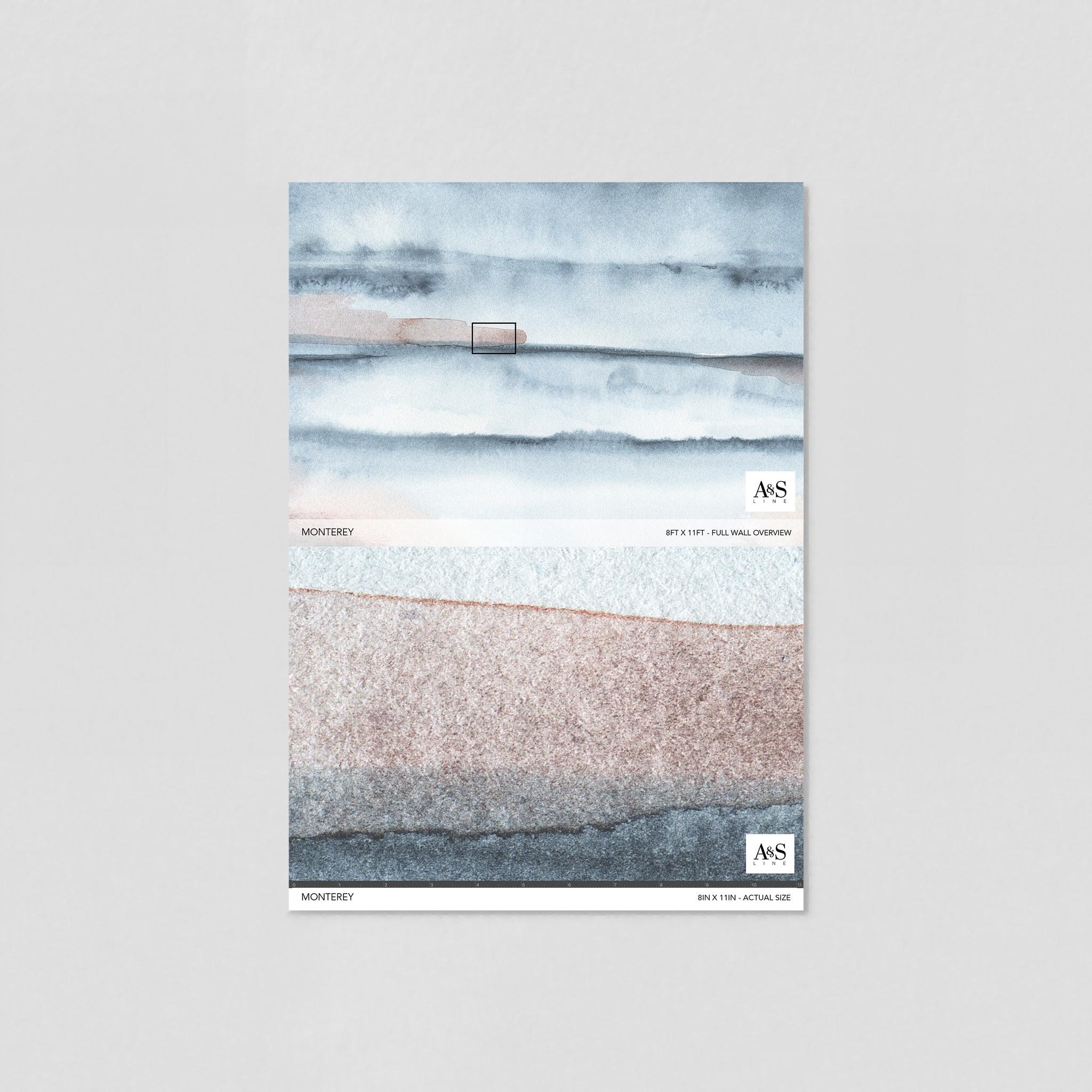 "Wall Blush Monterey Wallpaper sample with blue and pink abstract design for modern living room decor focus."