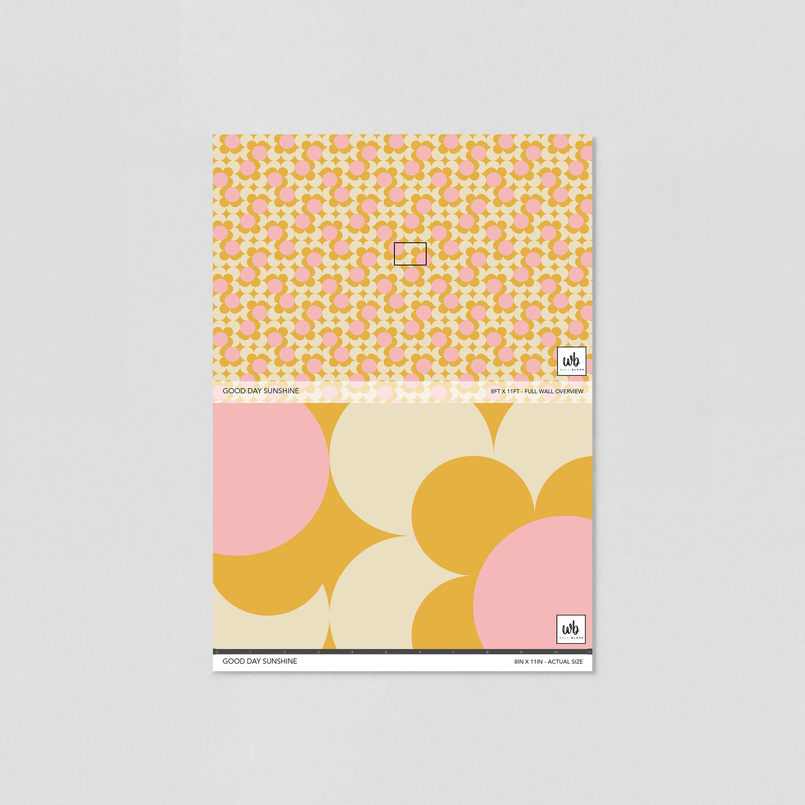 Alt text: "Wall Blush Good Day Sunshine Wallpaper sample, vibrant pattern, ideal for a cheerful living room decor focus."