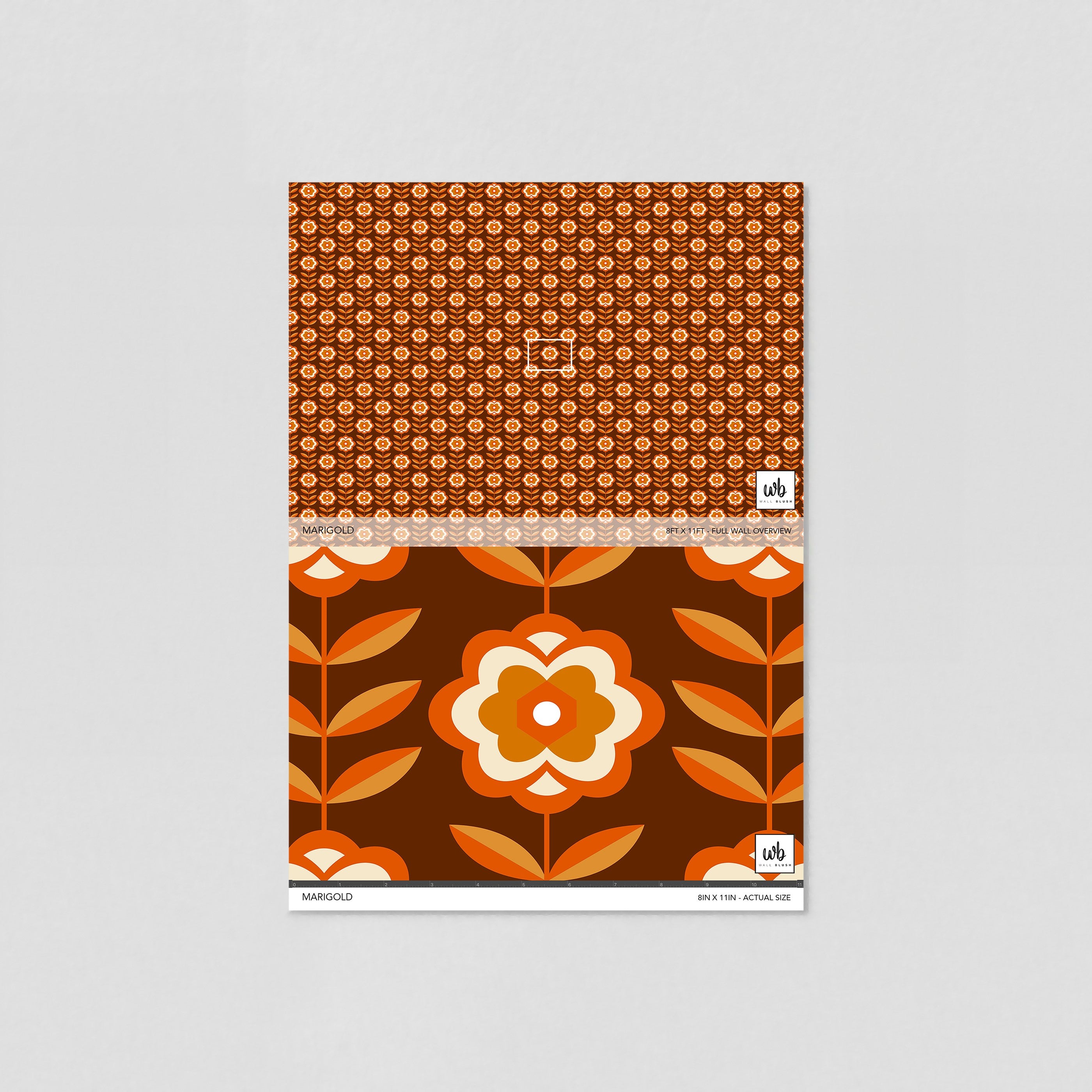 "Wall Blush Marigold Wallpaper sample, vibrant floral pattern, ideal for living room wall decor focus."