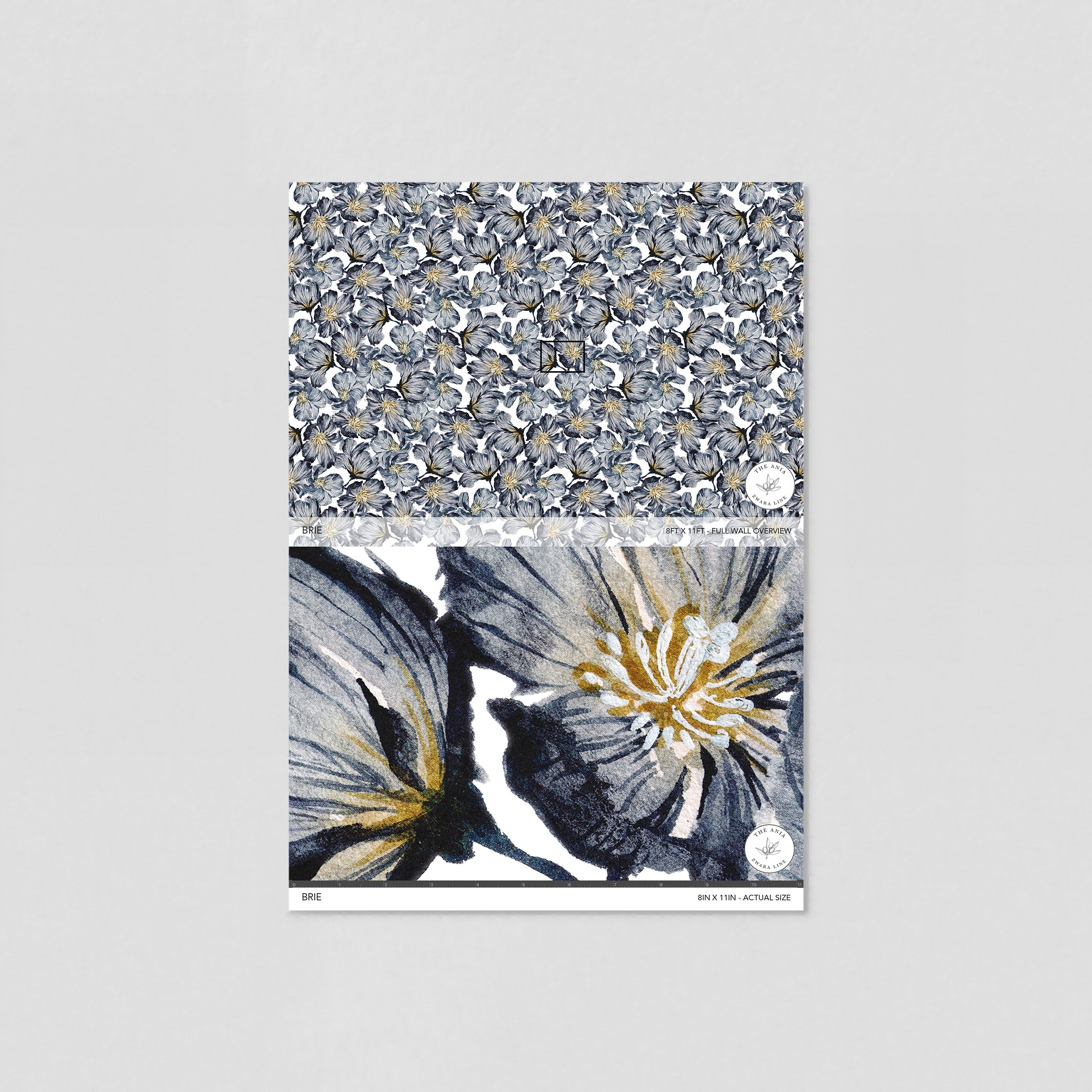 "Brie Wallpaper by Wall Blush showcasing floral design for stylish living room focus, with sample size label."