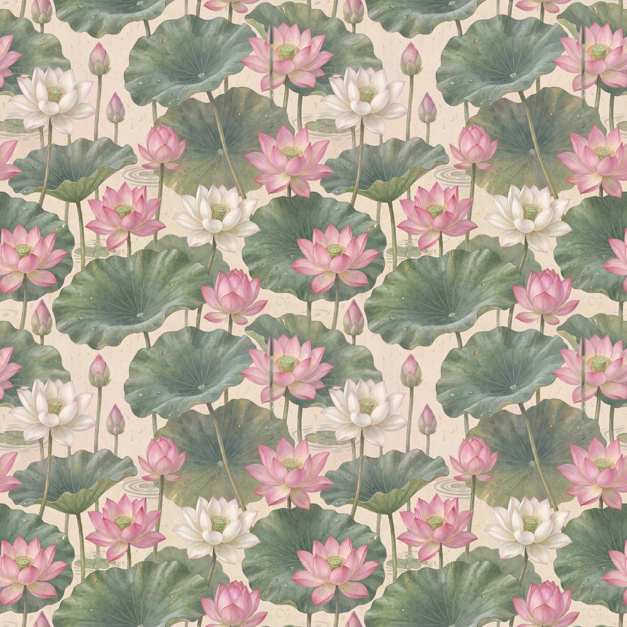Floral wallpaper with blush and white lotus flowers and green leaves on a textured background.