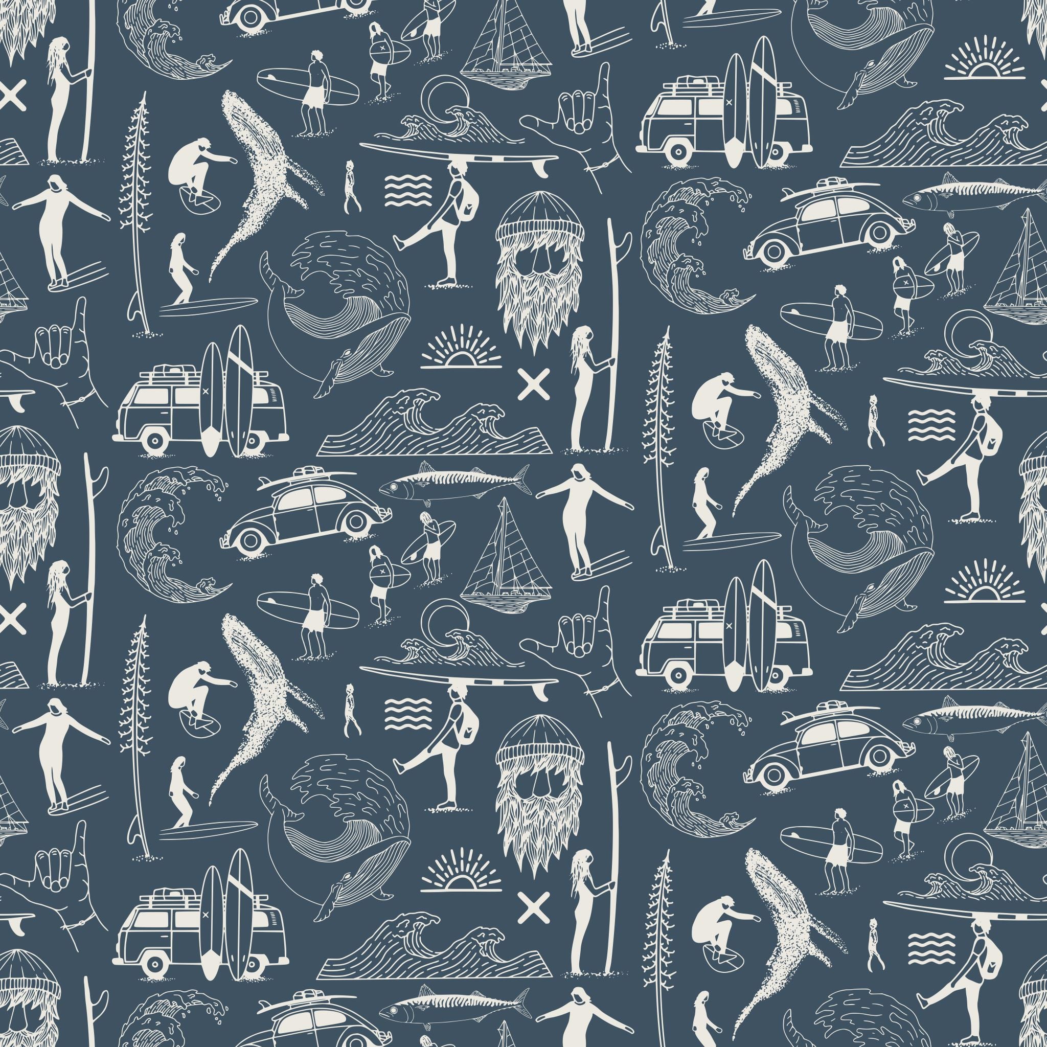 "Saltwater Surf (Blue) Wallpaper by Wall Blush adorning a stylish bedroom, depicting surfing and beach life."