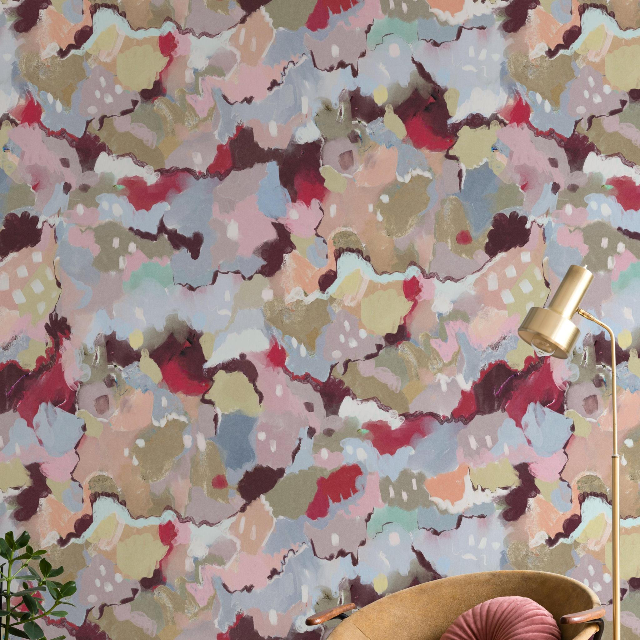 Wall Blush SG02 Petunia Wallpaper featured in a stylish living room with contemporary decor and furnishings.