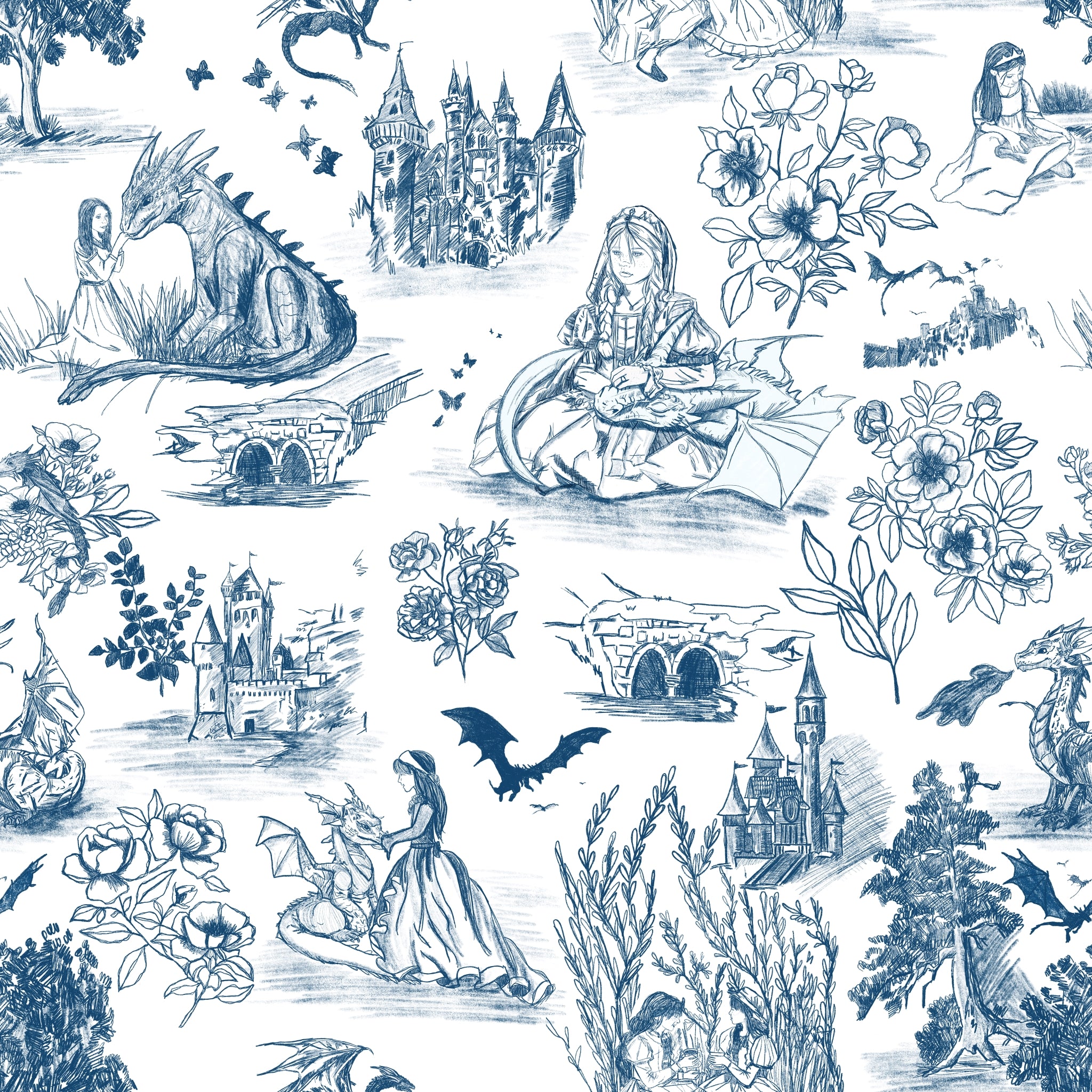 "Molly's Dream Wallpaper by Wall Blush with fairytale illustrations in a child's room."