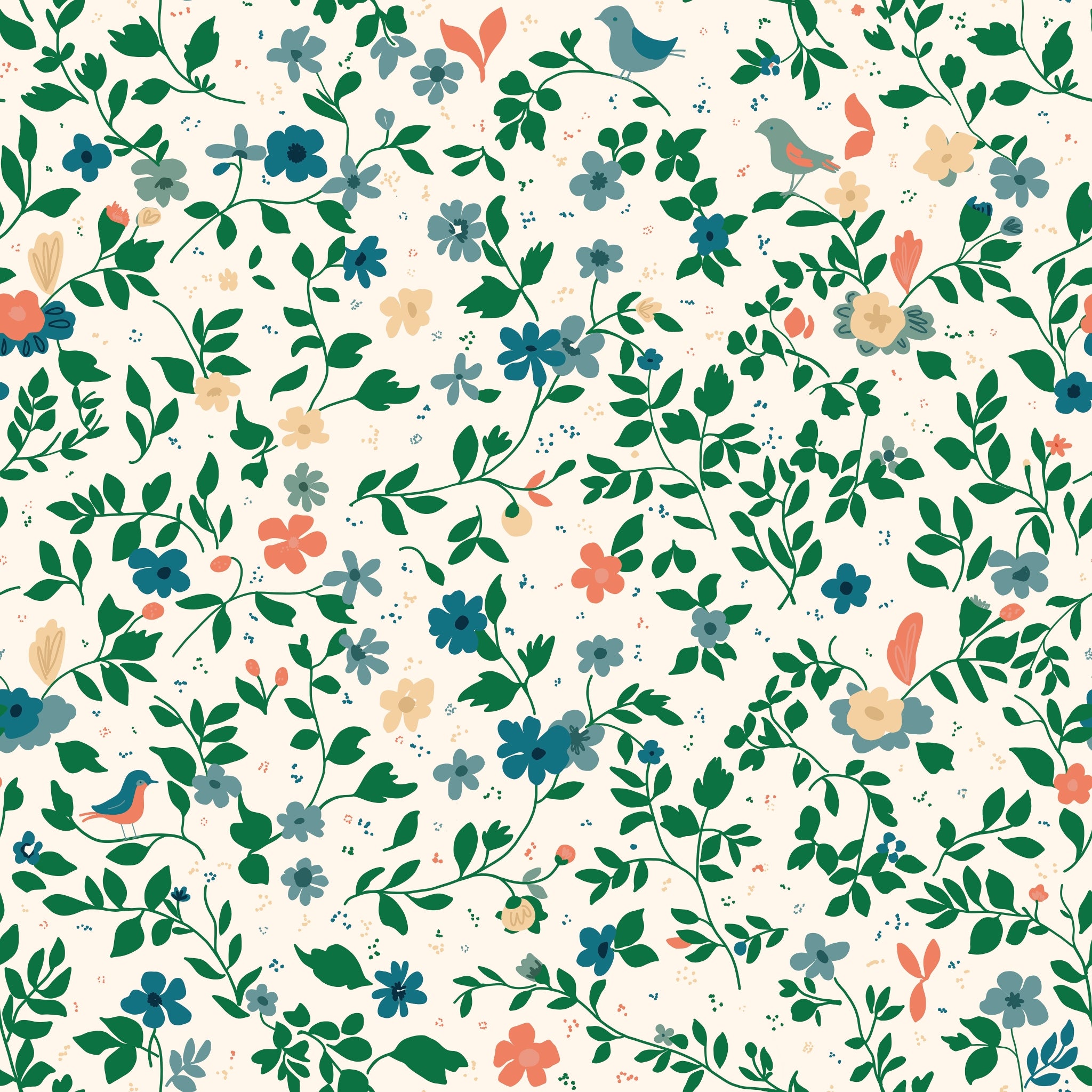 "Wall Blush Meadow Wallpaper featuring floral and bird designs in living room decor"