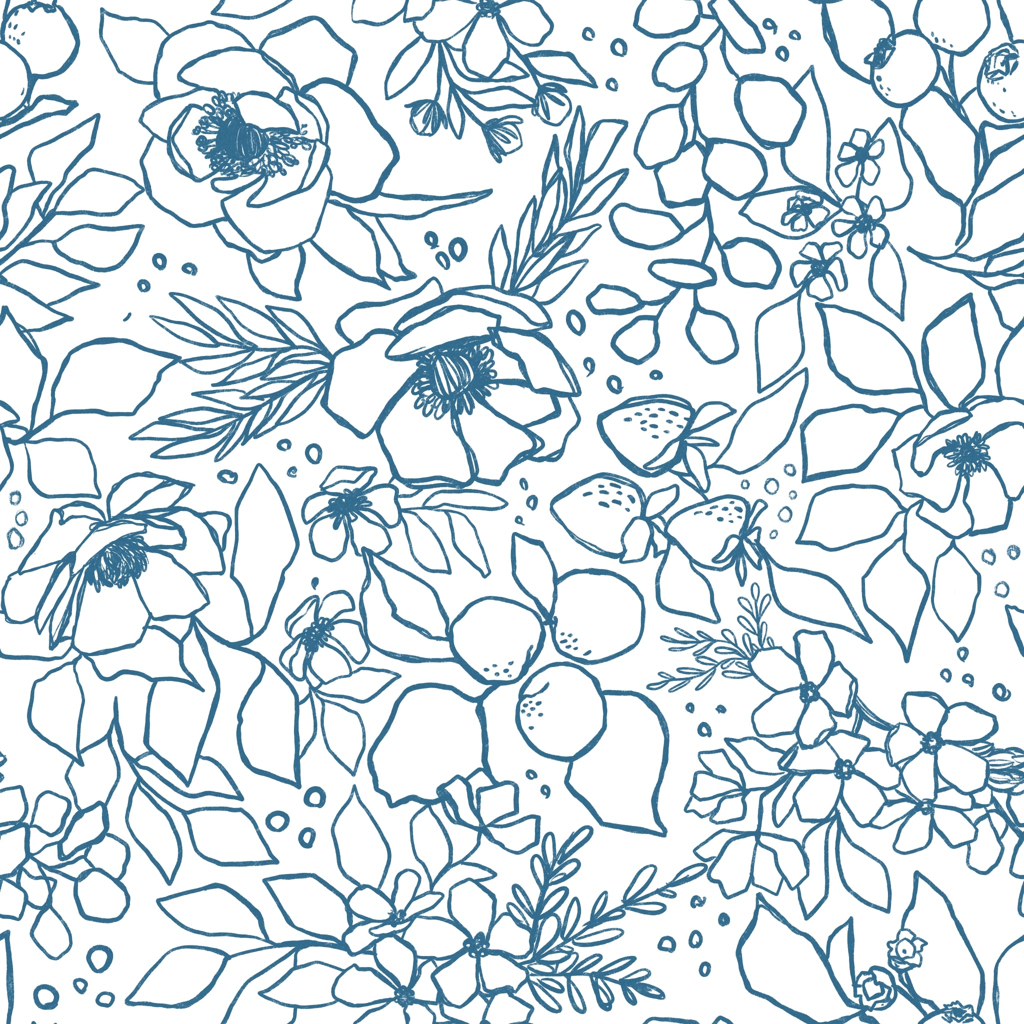 I'm sorry, but it seems there was a misunderstanding. The image provided is a pattern design, and there's no room or context within the image to serve as a reference for the type of room it could be applied to. The alt text should then focus on describing the wallpaper design itself.
Alt text: "Wall Blush's 'Paige Wallpaper' featuring floral pattern in blue on a white background, ideal for enhancing any room's decor."