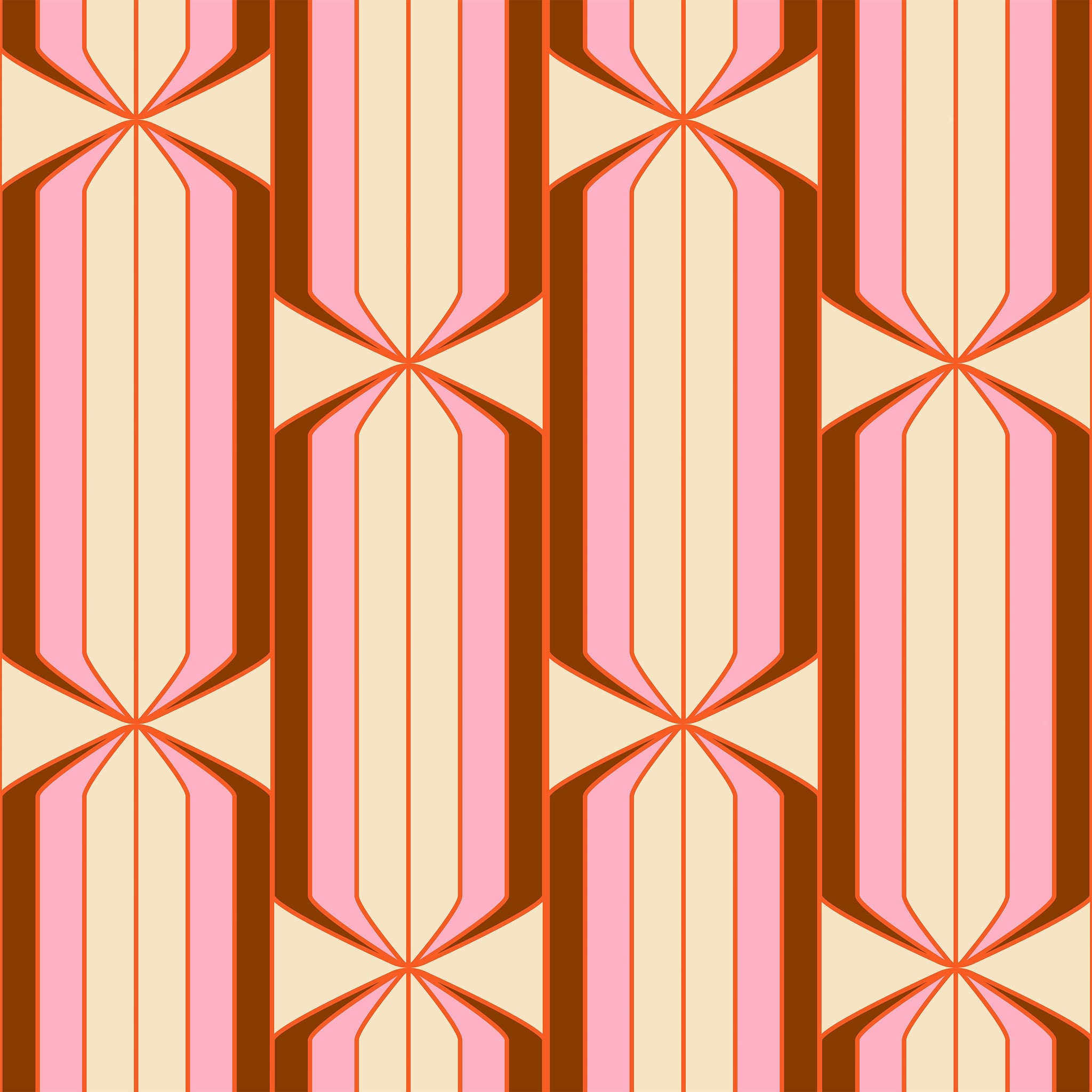 "Felicity Wallpaper by Wall Blush in a modern living room, geometric orange and pink patterned design."