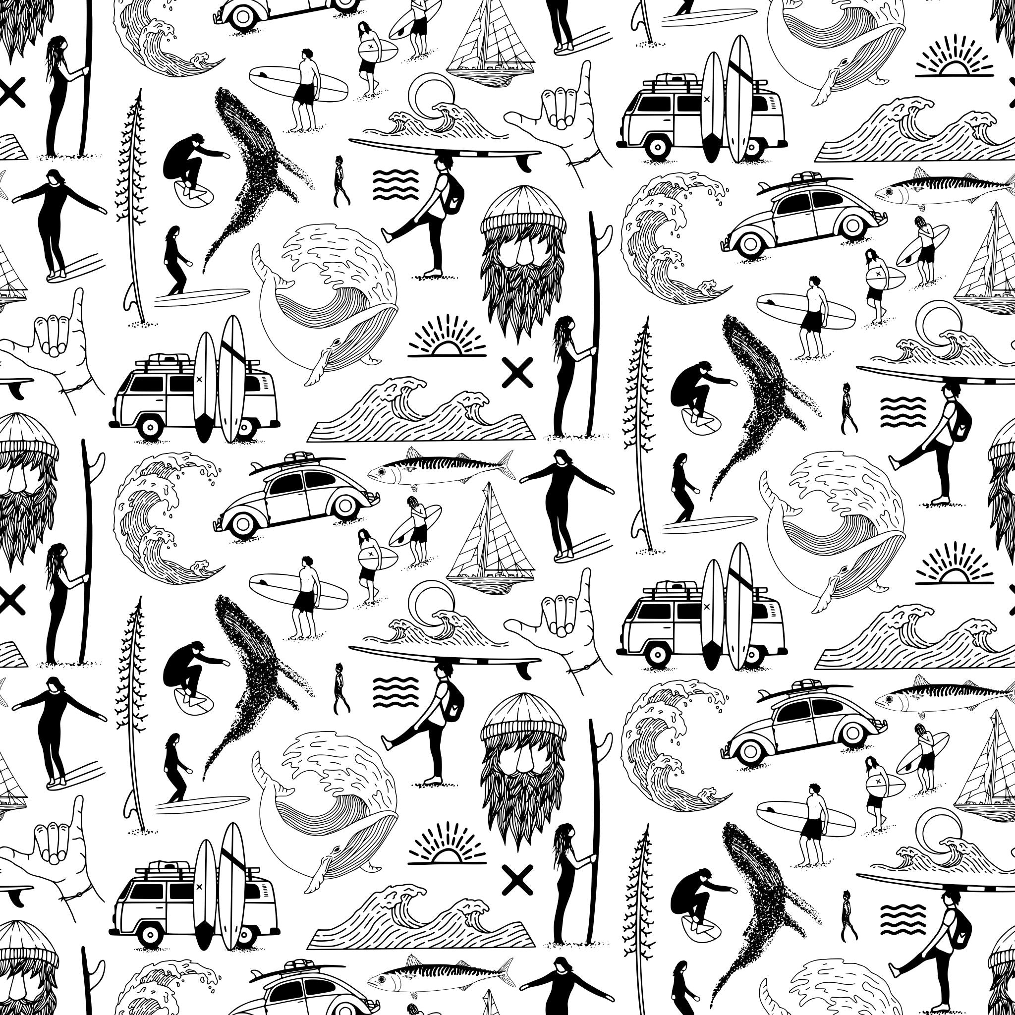 "Wall Blush Saltwater Surf Wallpaper featuring surf and beach motifs in a stylish modern living room."