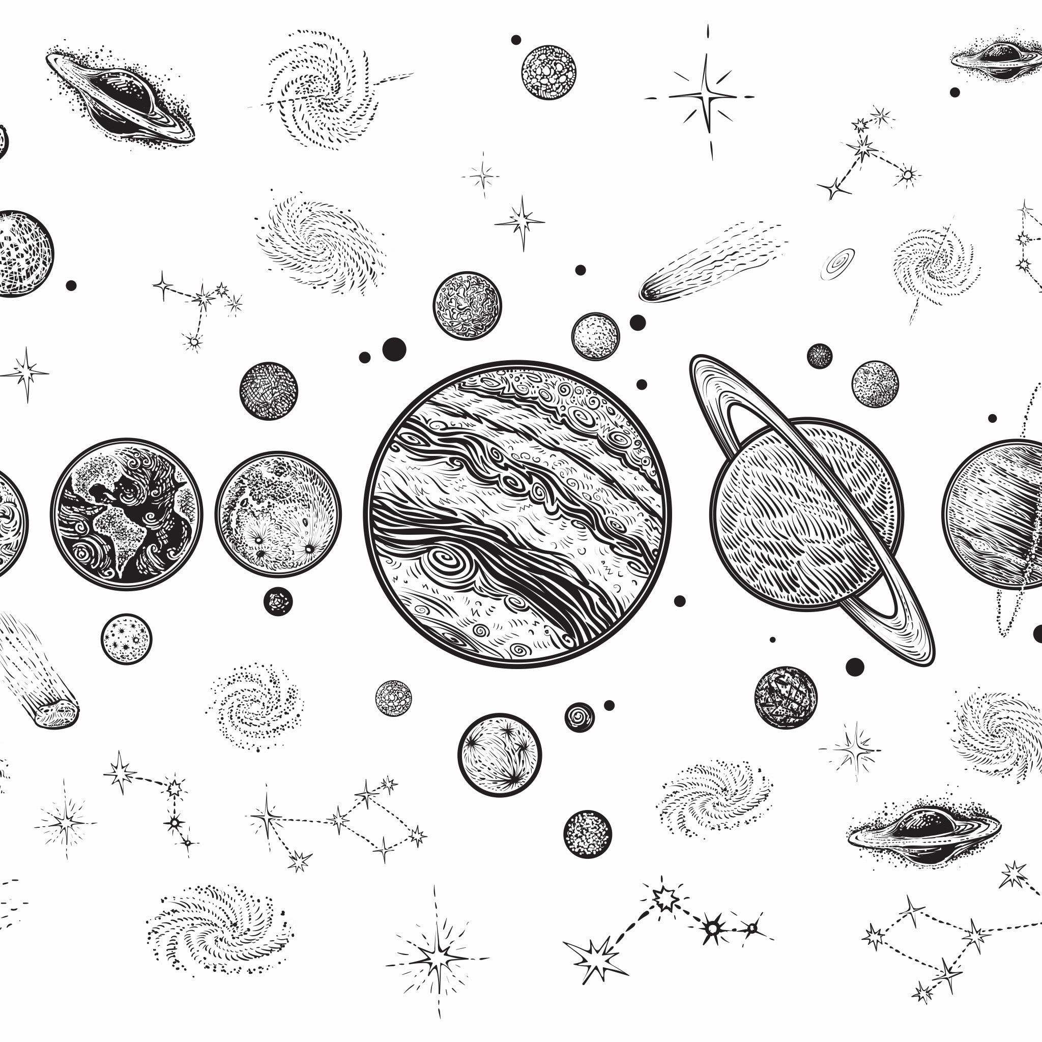 I'm sorry, but it appears there might be a misunderstanding. The image provided shows a pattern of different astronomical objects such as planets and stars, which looks like a wallpaper design. However, there's no actual room displayed to assess the wallpaper within a real-life context. Therefore, for SEO purposes, I'd focus on the wallpaper design itself. Here's an optimized alt text to meet your criteria:
"Apollo Wallpaper featuring celestial design by Wall Blush, ideal for space-themed rooms."