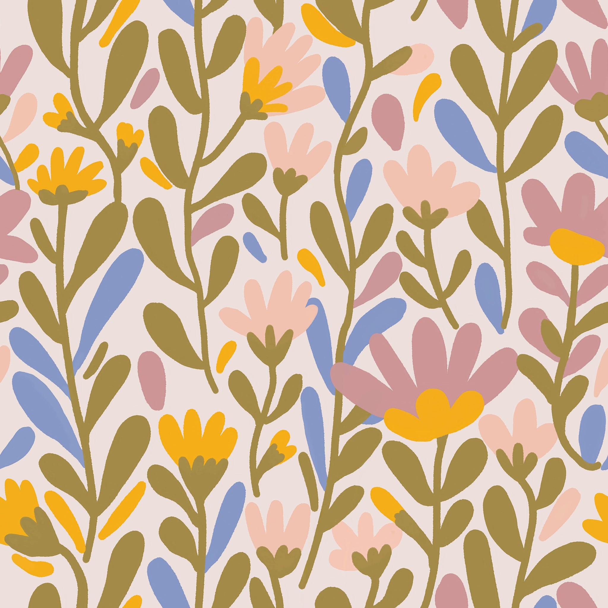 "Wall Blush Summer Florals Wallpaper featuring colorful botanical patterns in a stylish living room setting."