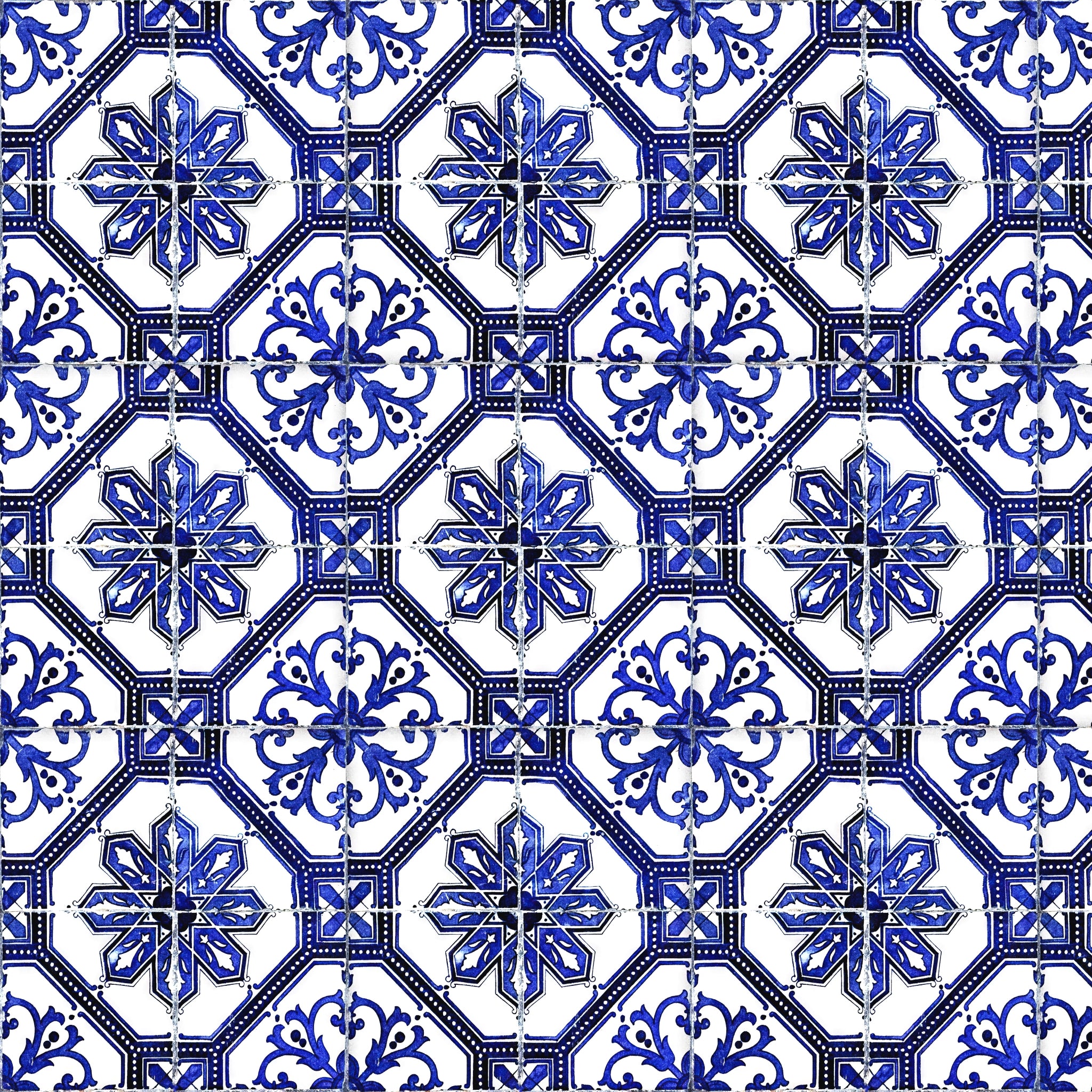 "Alma Wallpaper by Wall Blush in a vibrant blue and white pattern, highlighting elegant design in focus room décor."