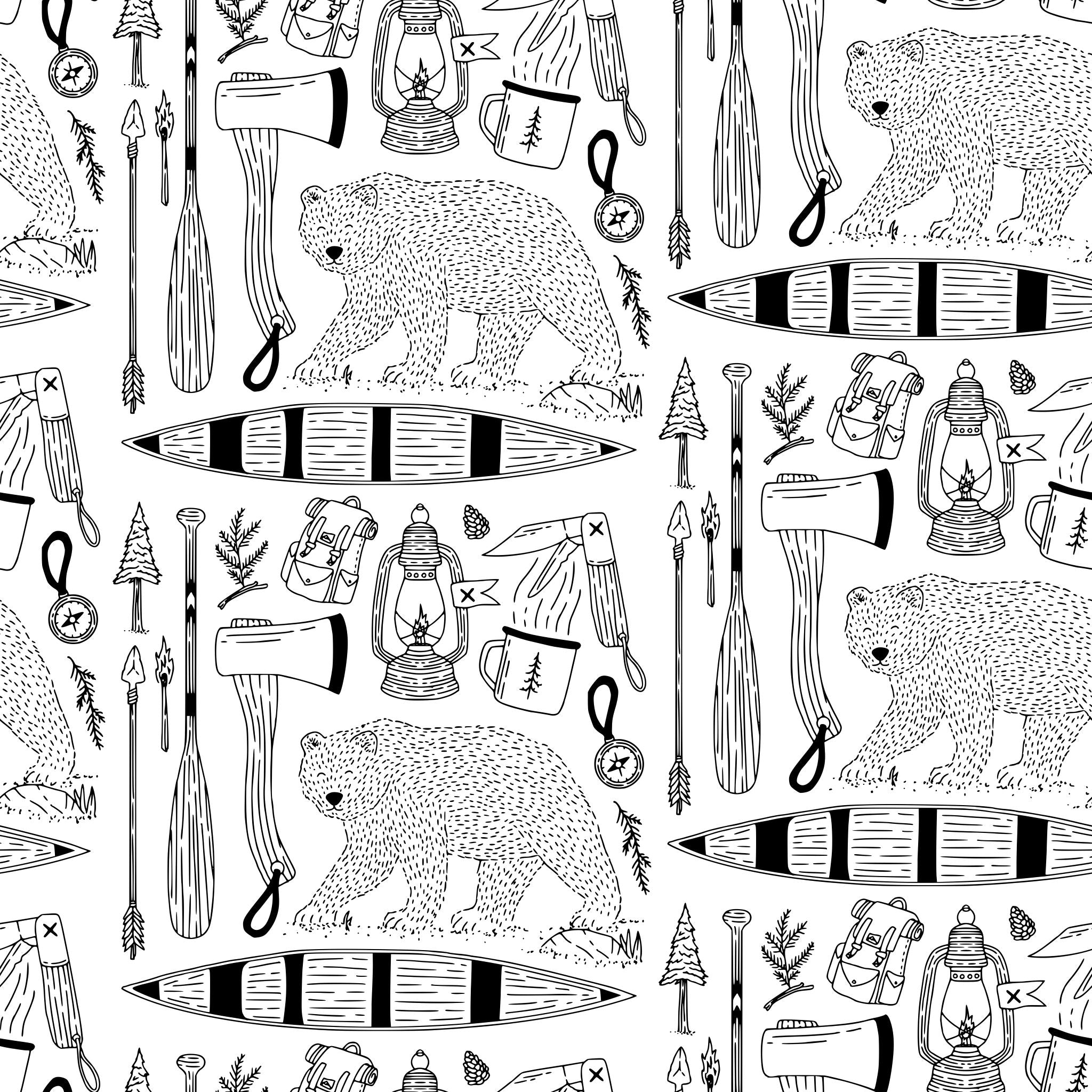 "Wall Blush's Trail Blazer Wallpaper featuring wilderness motifs in a monochrome color scheme."