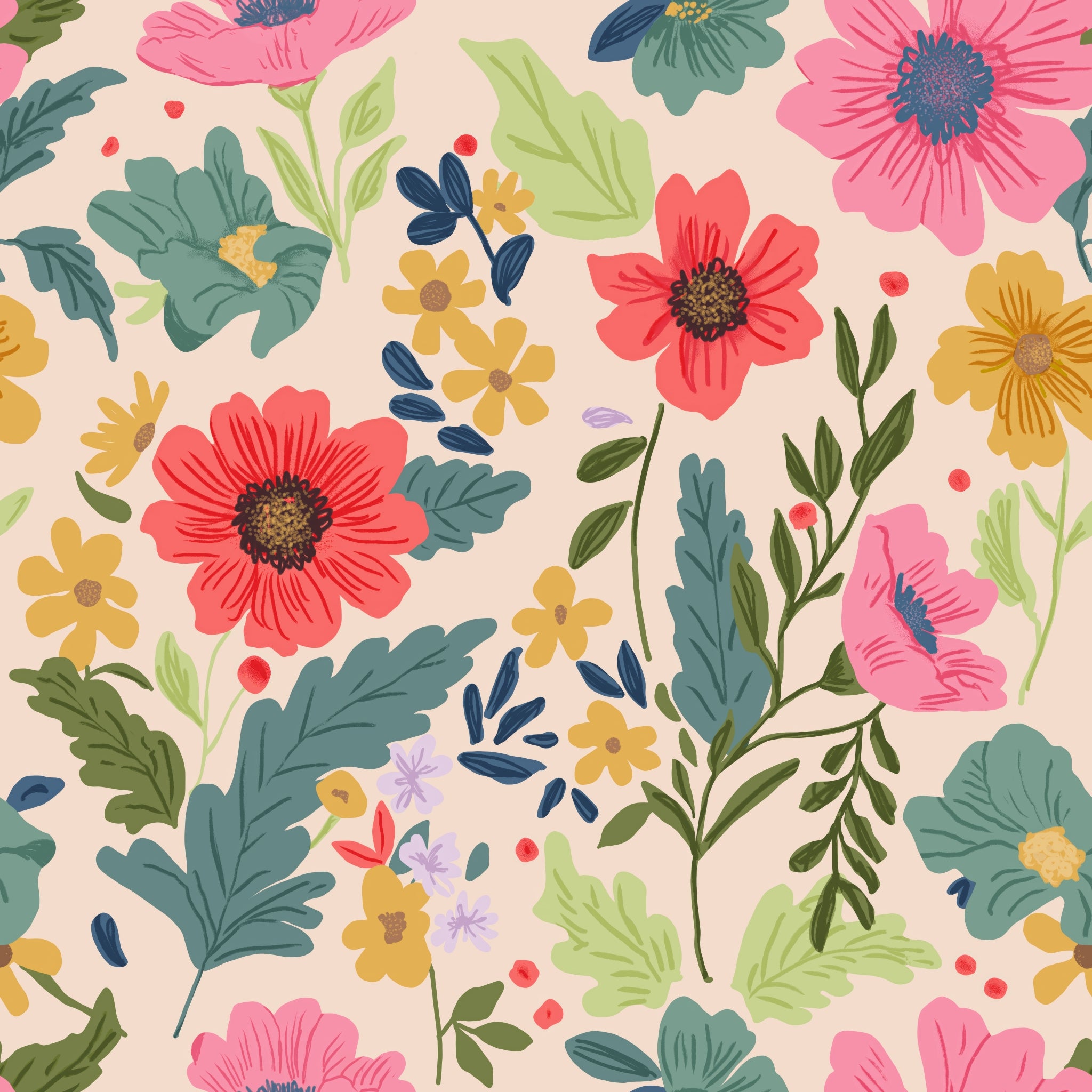 "Wall Blush's Albion Wallpaper with floral pattern in a cozy living room setting, showcasing vibrant design."