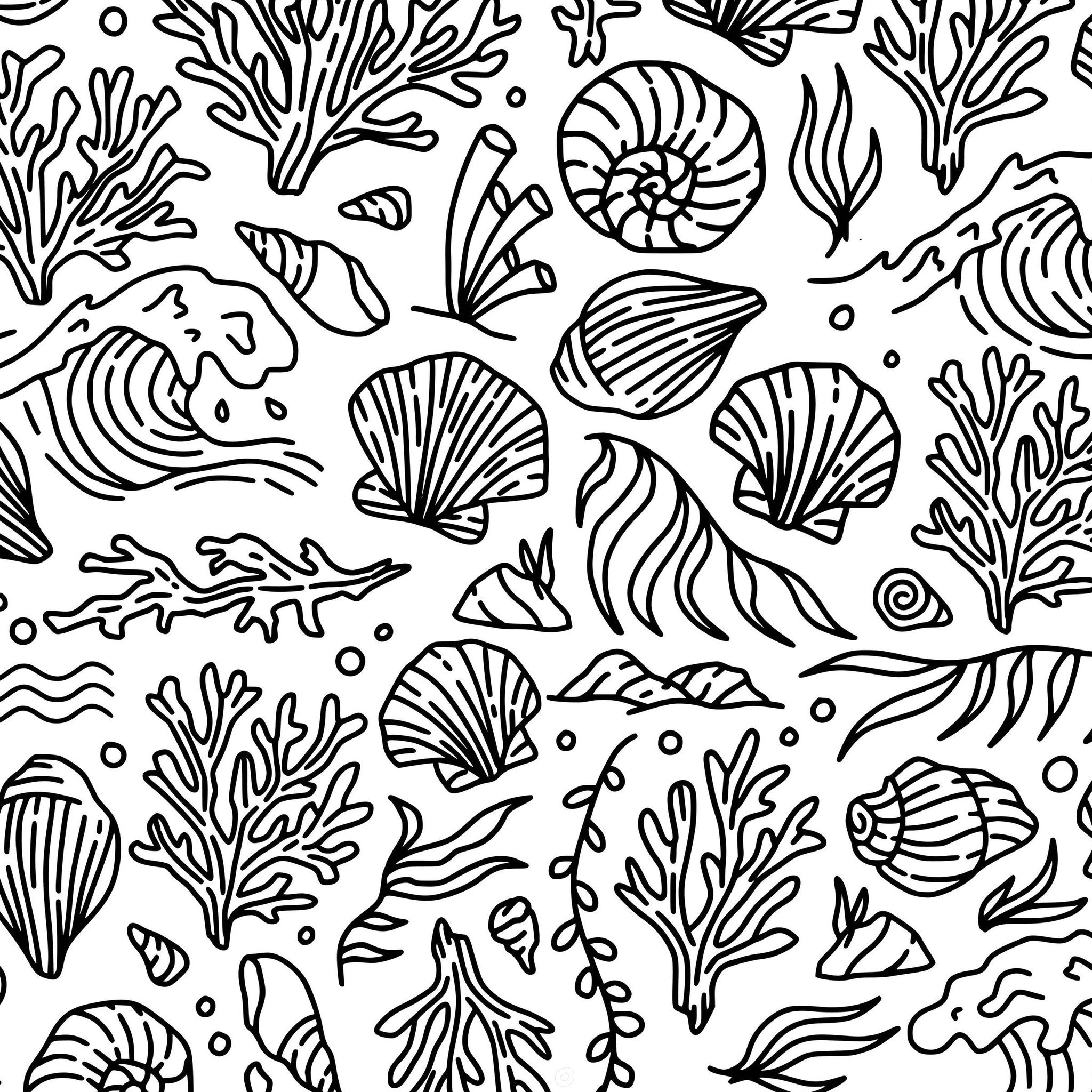 Black and white marine motif wallpaper with shells and waves